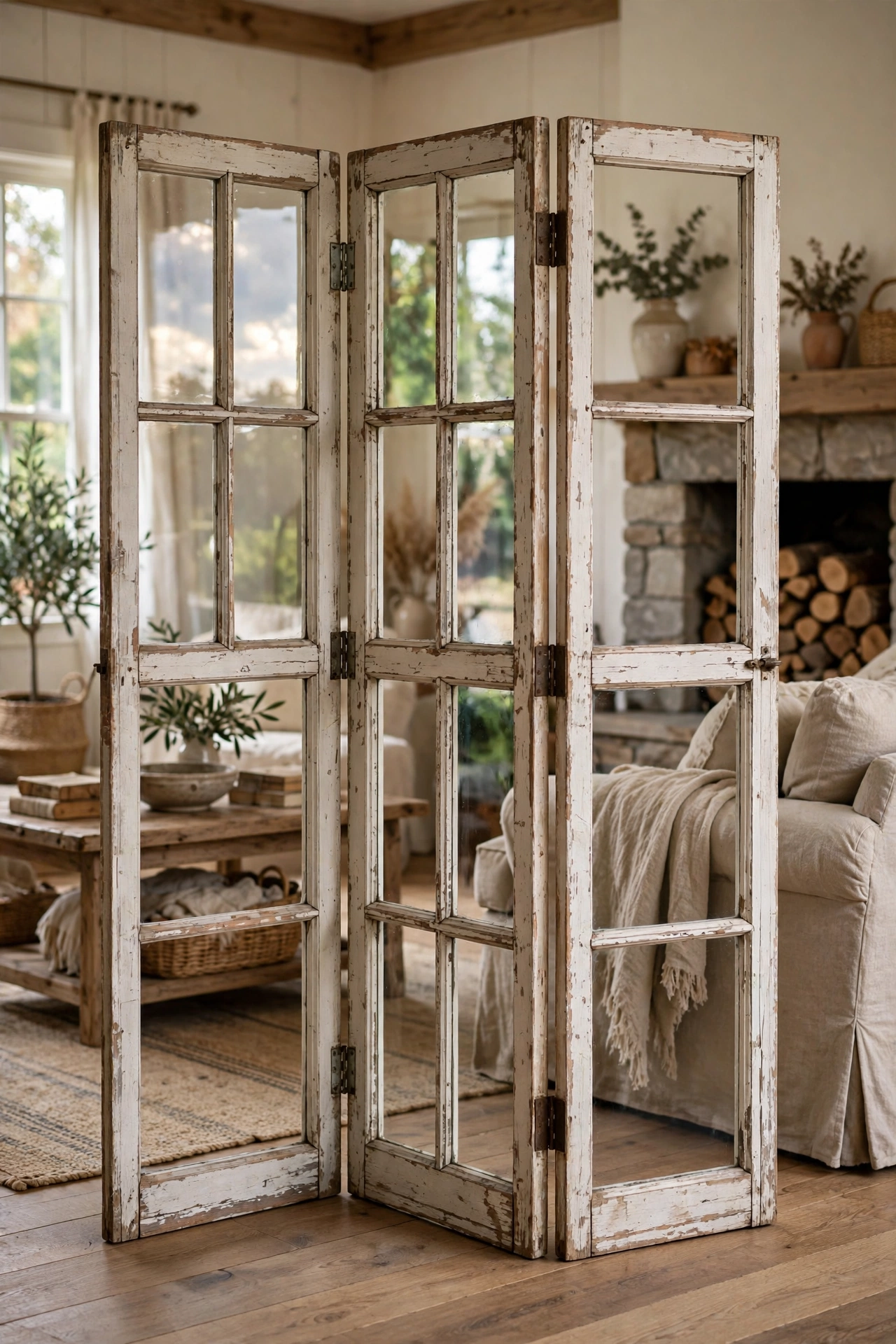 Three old window sashes hinged together as a freestanding rustic room divider