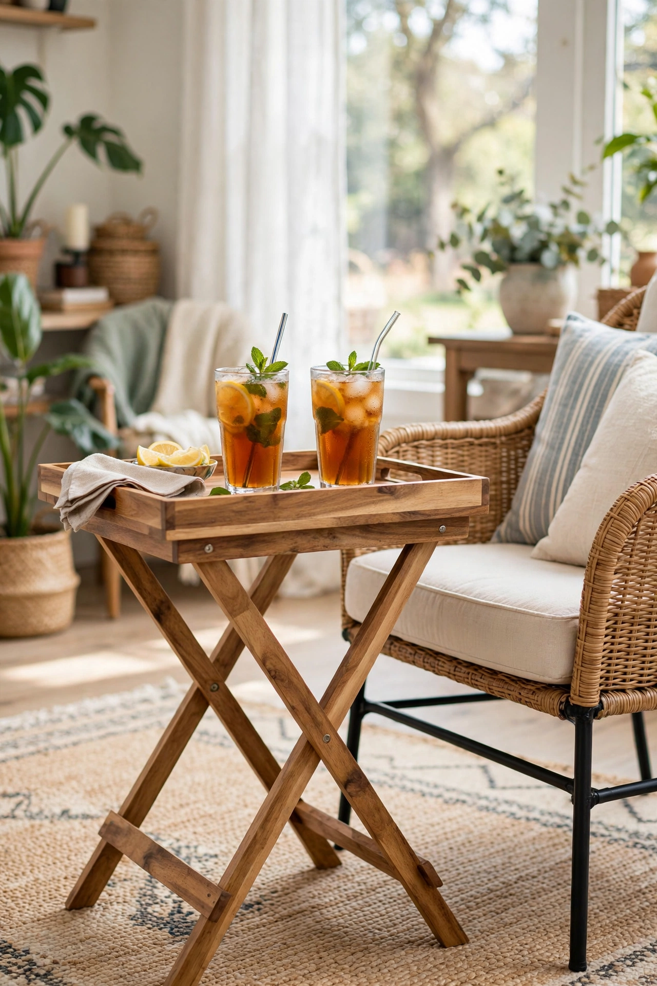 Wooden folding tray side table with X-frame base beside an armchair with iced tea