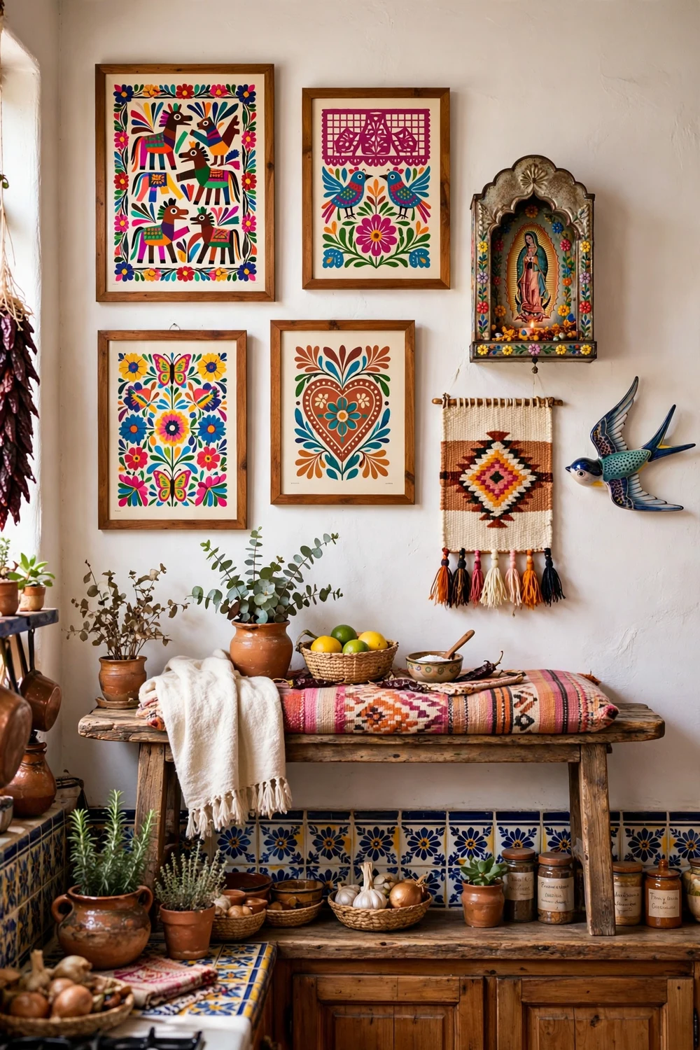 Colorful Mexican folk art including tin mirrors and retablos on a kitchen wall