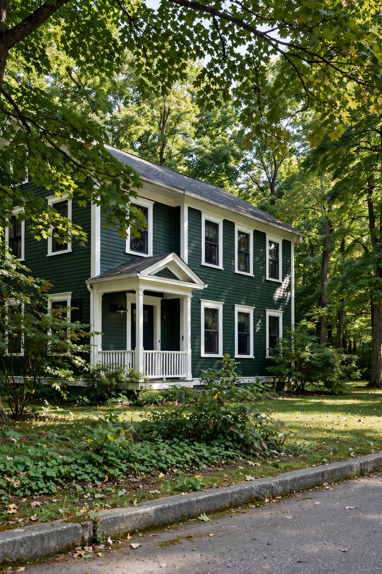 Deep forest green house exterior with crisp white trim around windows and porch