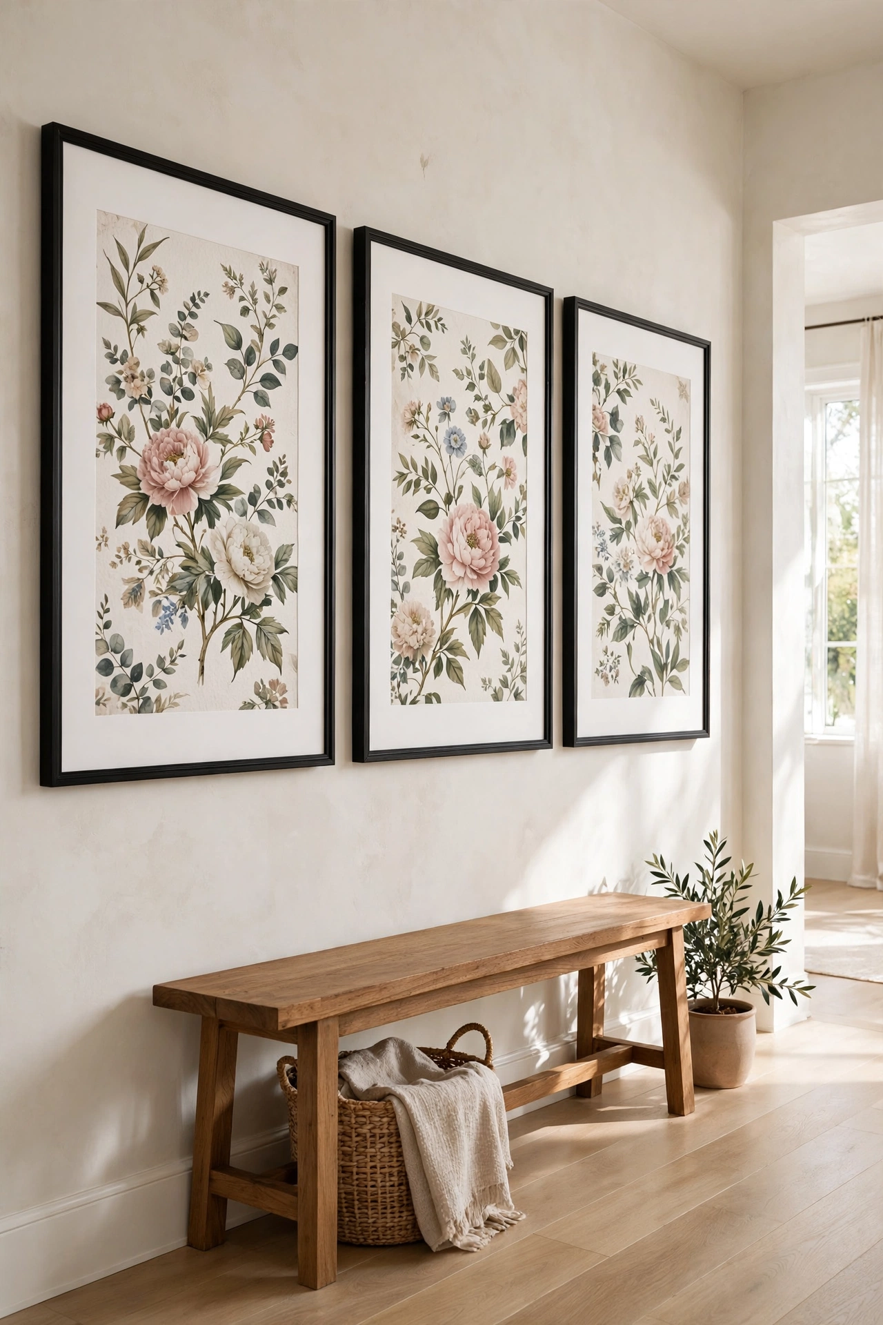 Hallway wall with large framed wallpaper panels as art above a bench
