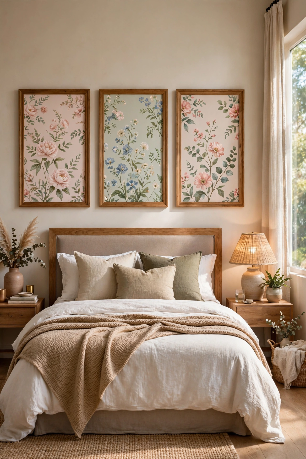 Bedroom with floral wallpaper cut into panels and framed like art above the bed