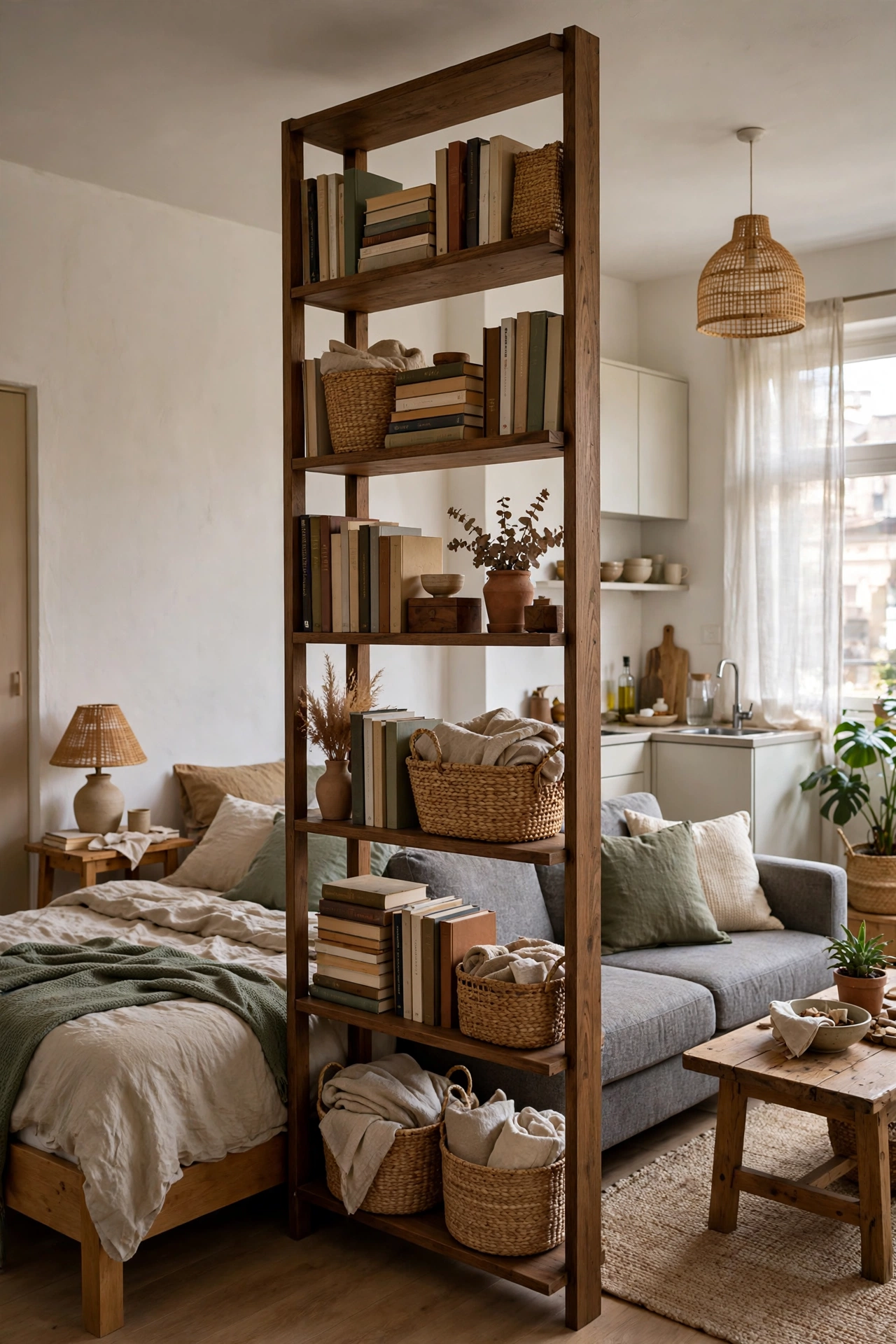 Rental studio with freestanding open bookshelf used as a room divider