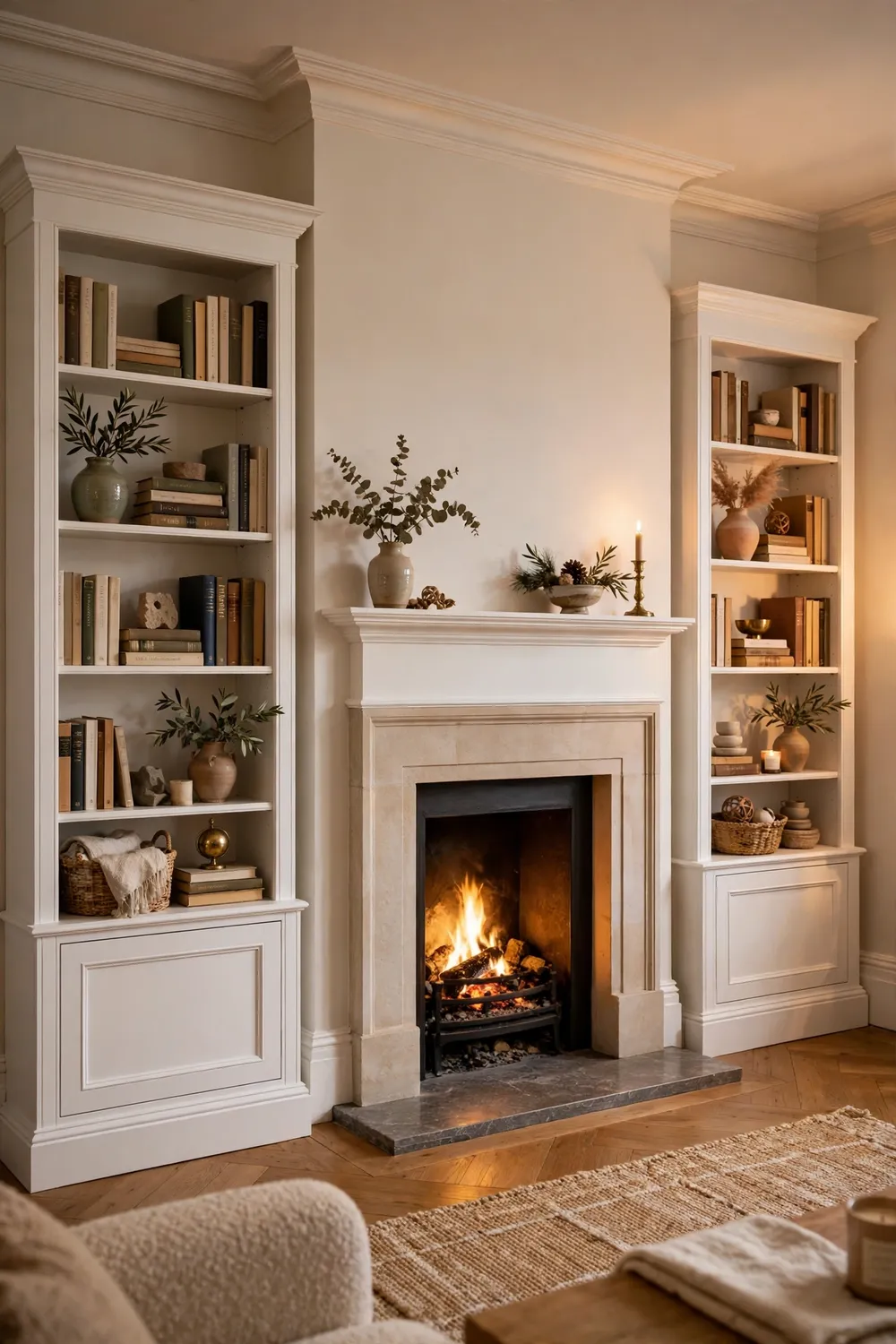 Freestanding bookcases trimmed with molding to look like built-ins around a fireplace