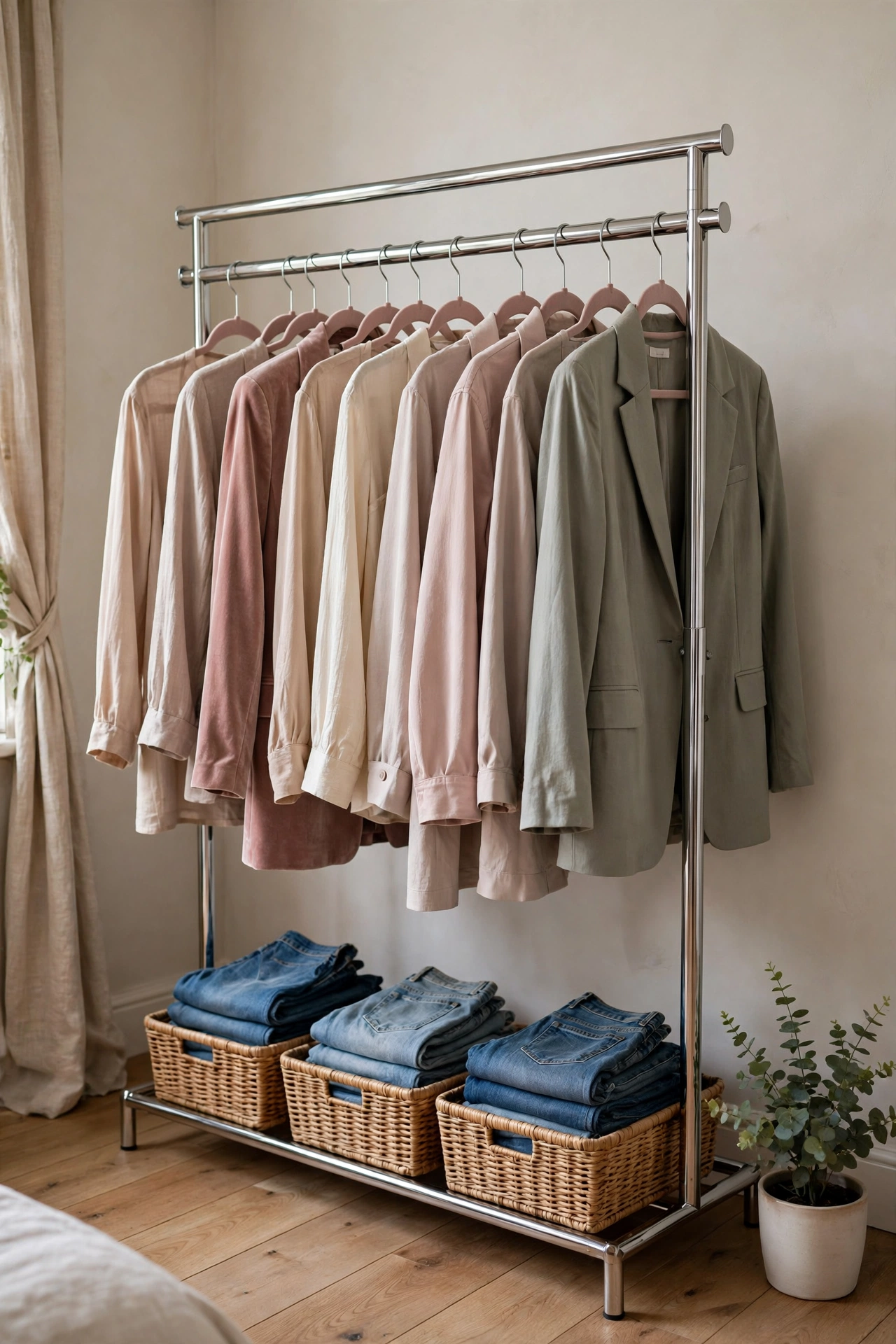 Freestanding double clothing rack styled like a boutique display with color-coordinated clothes