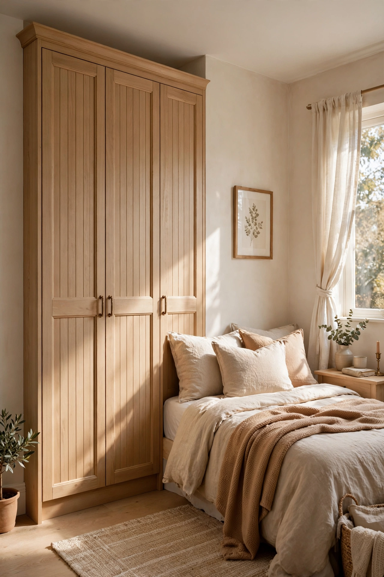 Small bedroom with a tall freestanding wardrobe styled to look built-in next to a bed