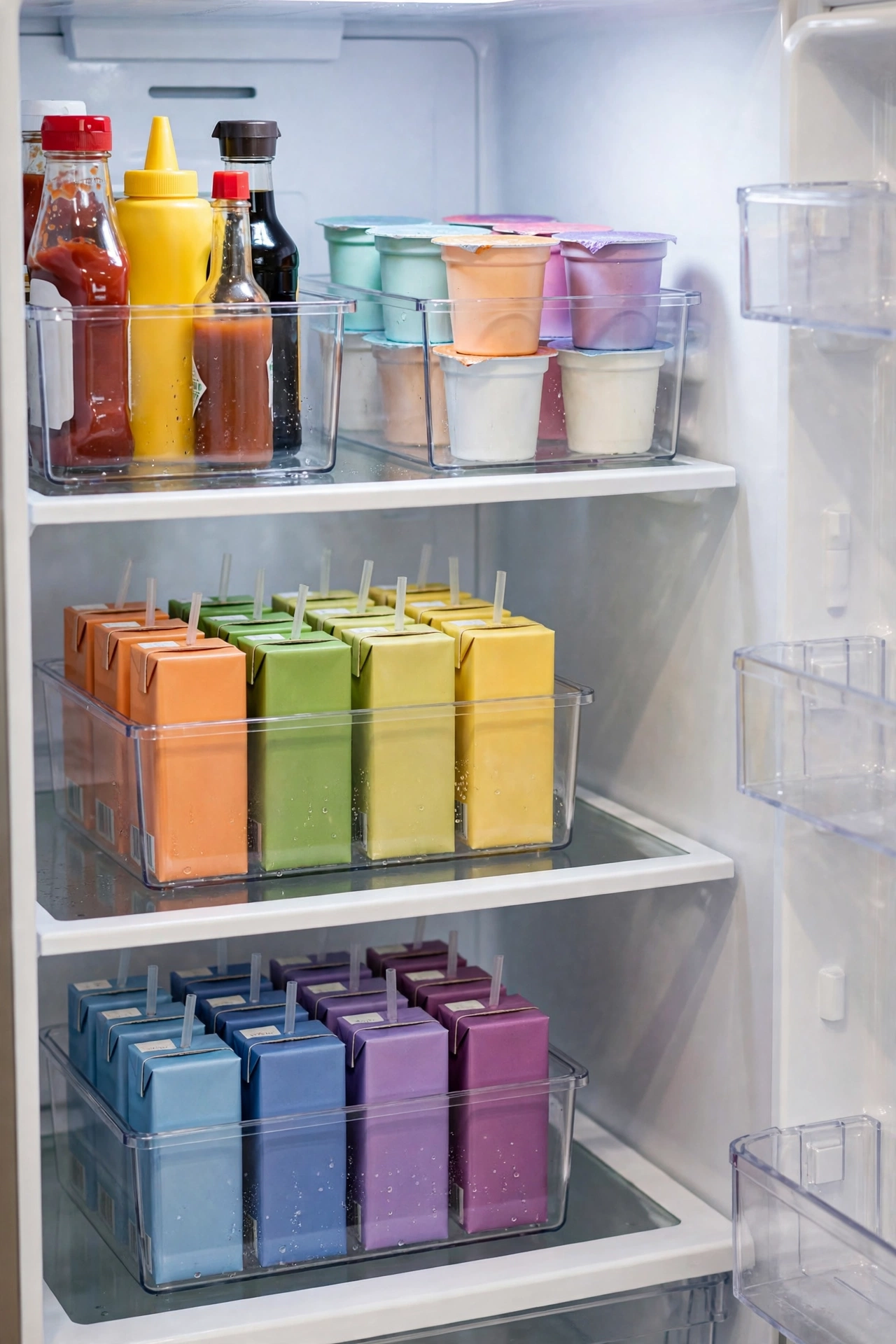 Refrigerator shelves organized with small clear bins corralling condiments and snacks