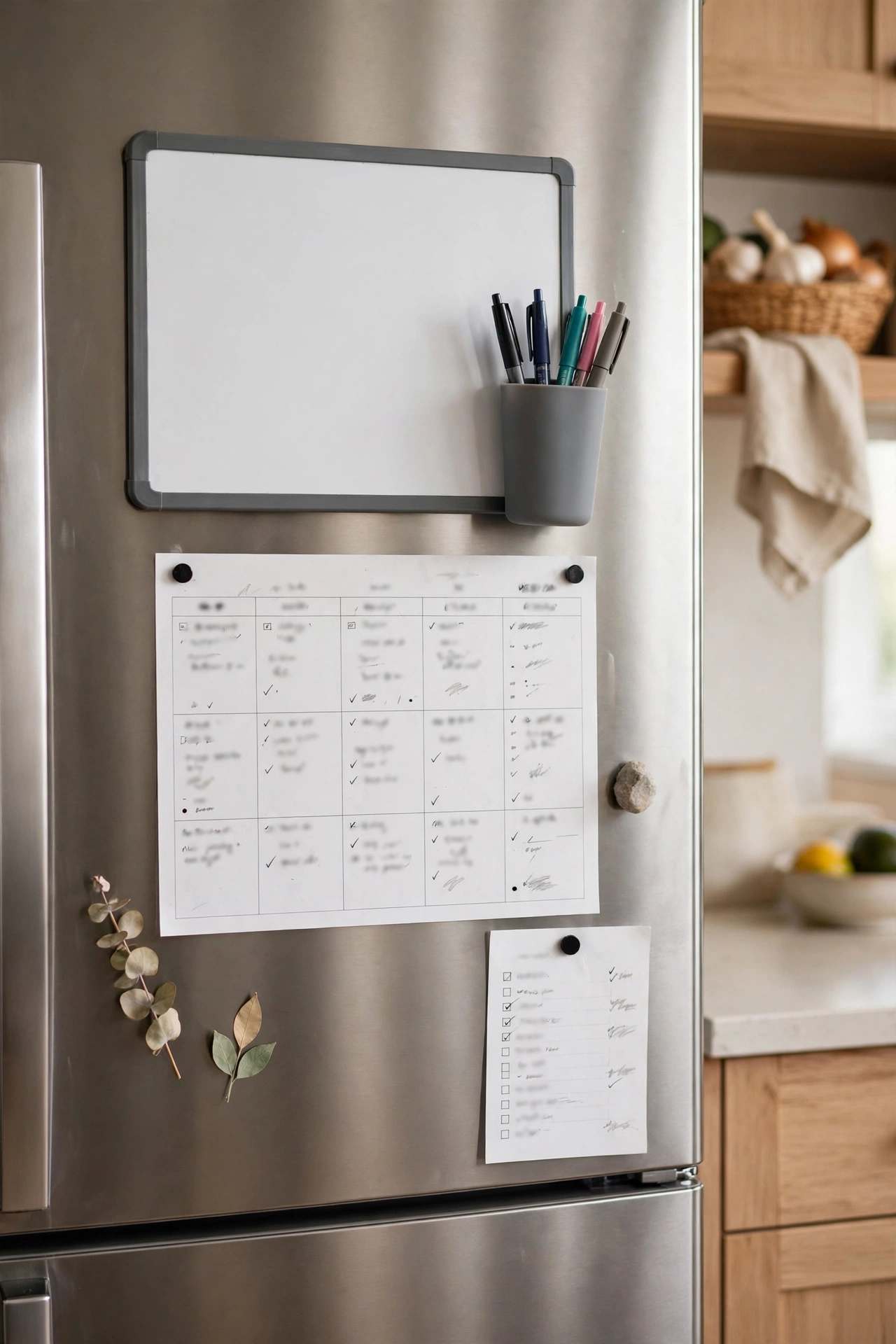 Fridge door with a magnetic whiteboard and magnetic pen cup as a family command center