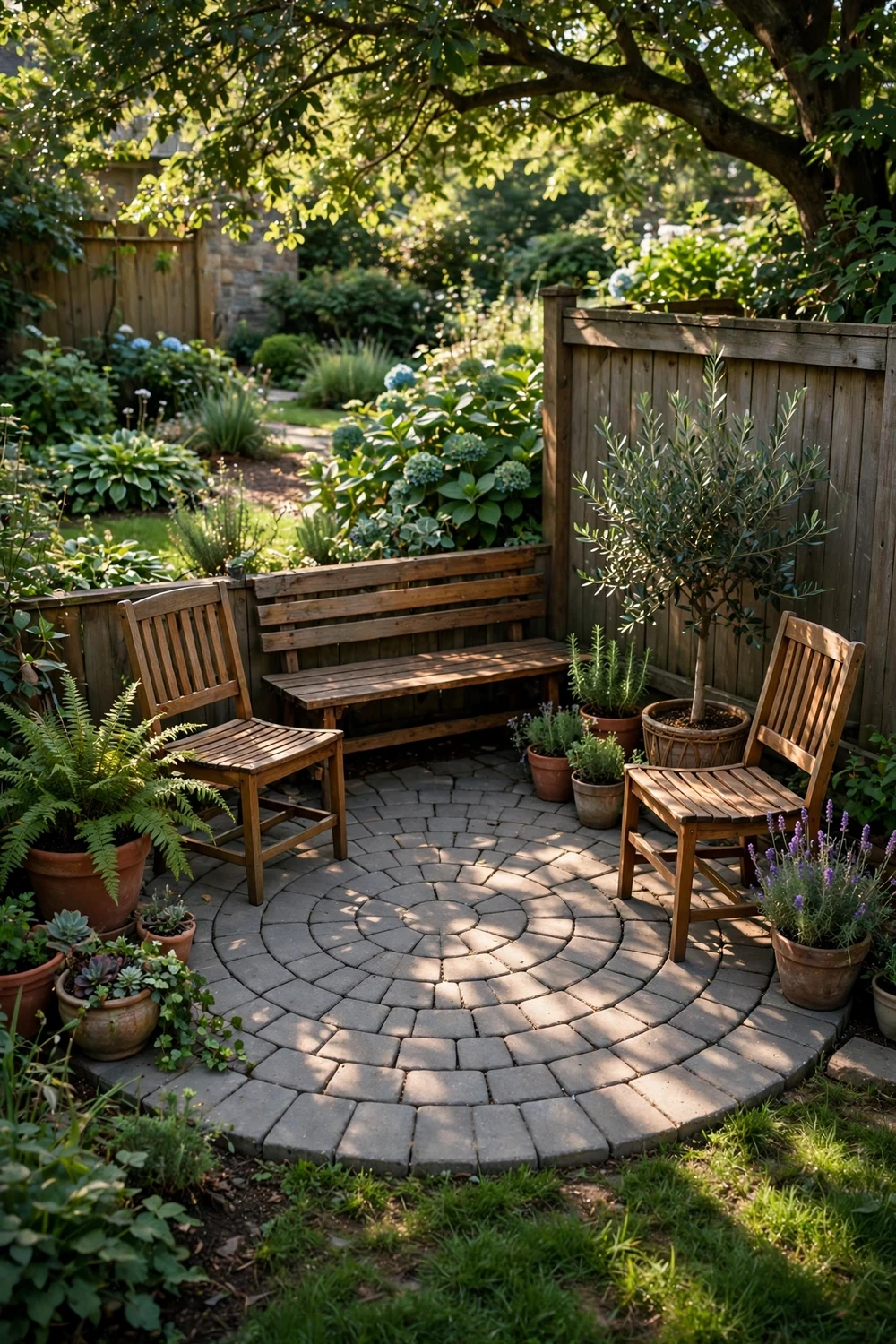 Cozy small paver patio seating nook in a front yard with a bench and garden views