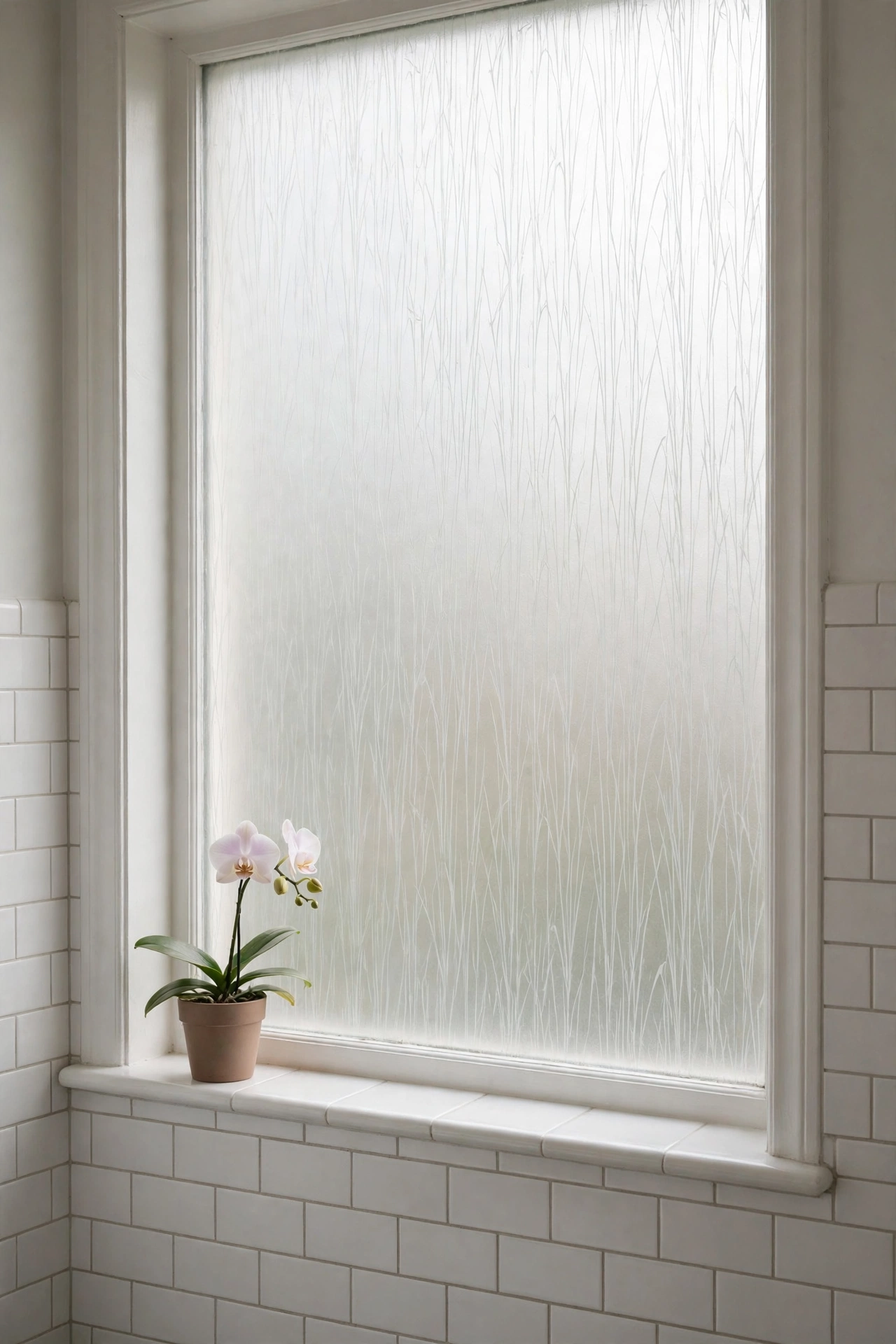 Rental bathroom window with frosted privacy window film and soft daylight