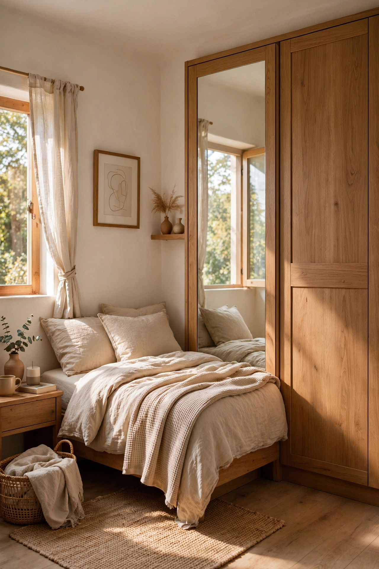 Small bedroom with a fitted wardrobe with a full-length mirror door beside a bed