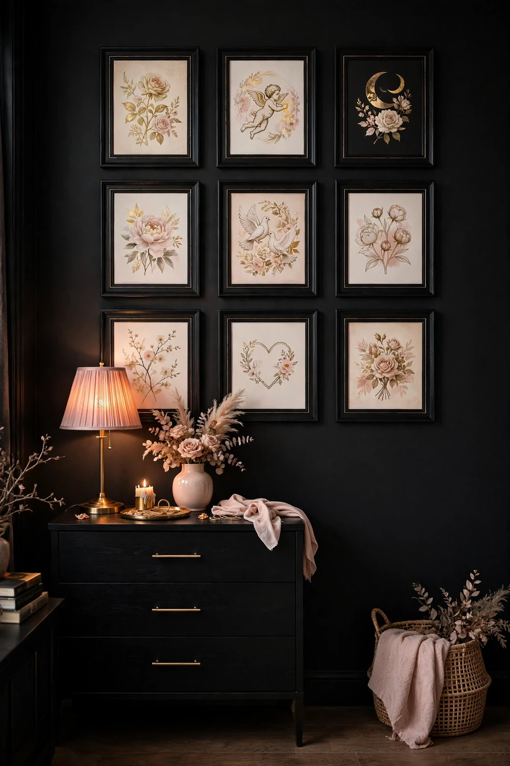 Bedroom gallery wall of black frames with gold romantic art prints above dresser