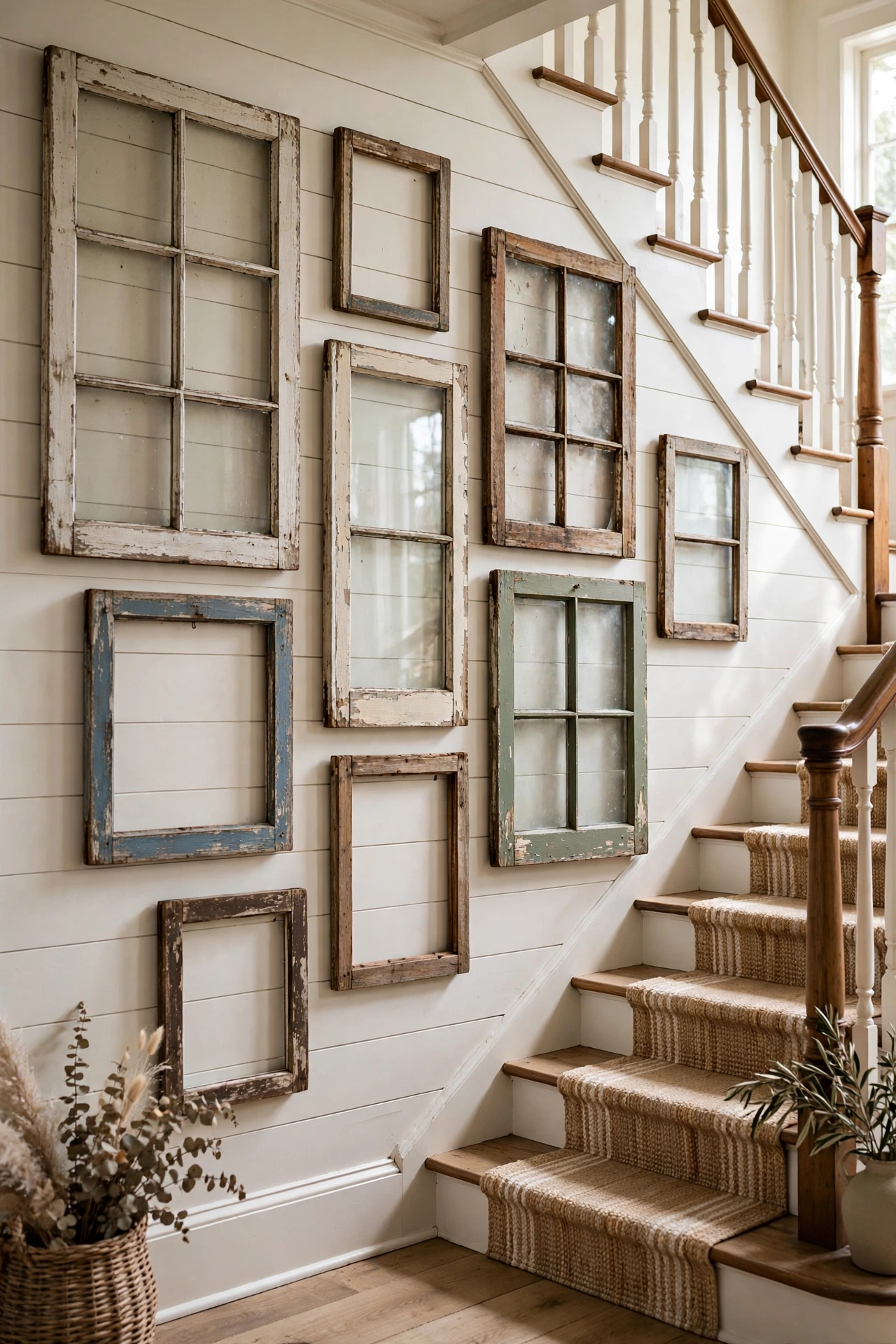 Staircase wall with a gallery of empty weathered window frames in various sizes