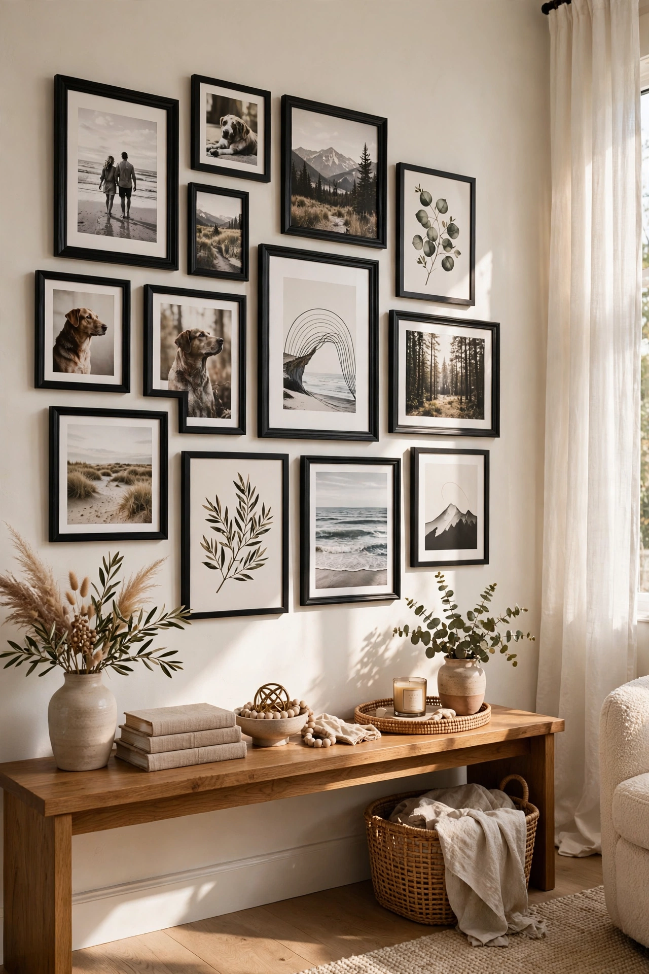 Curated gallery wall of framed family photos and art prints above a console table