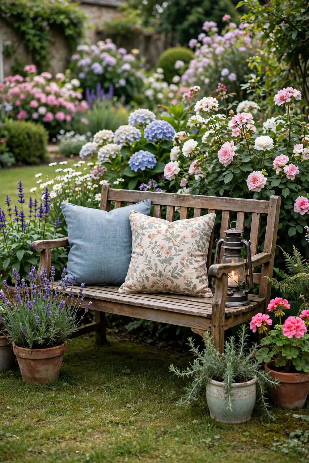 Charming garden bench vignette on a lawn styled with cushions, a lantern and potted plants