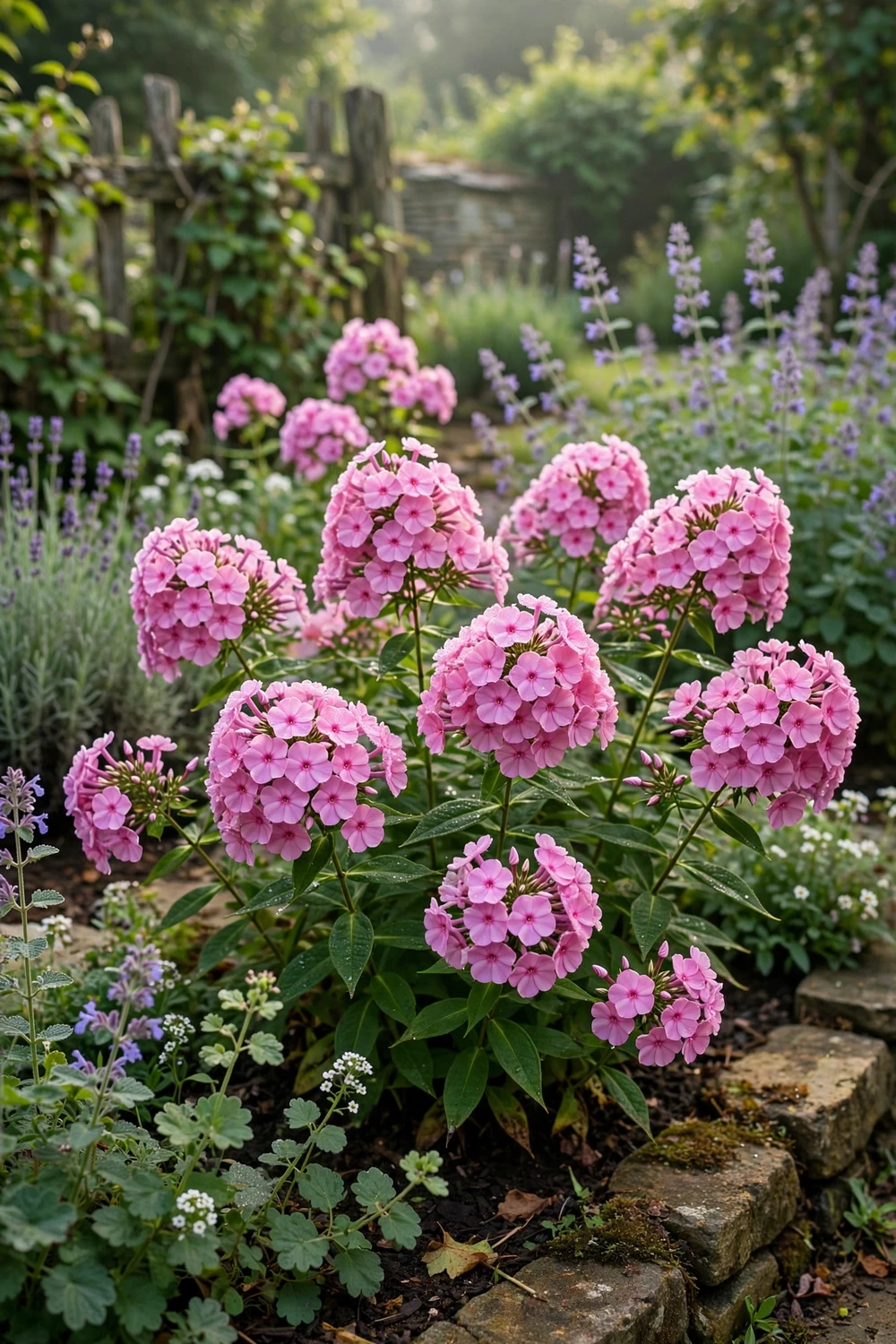 Garden phlox with large clusters of pink fragrant flowers in a cottage garden