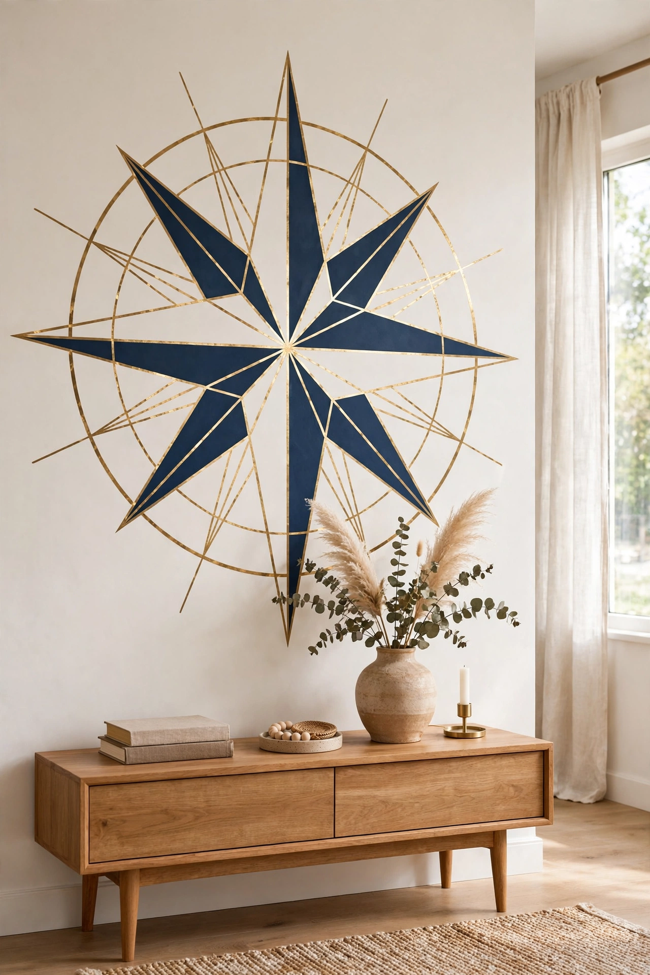 Living room wall with large geometric compass star in navy and gold