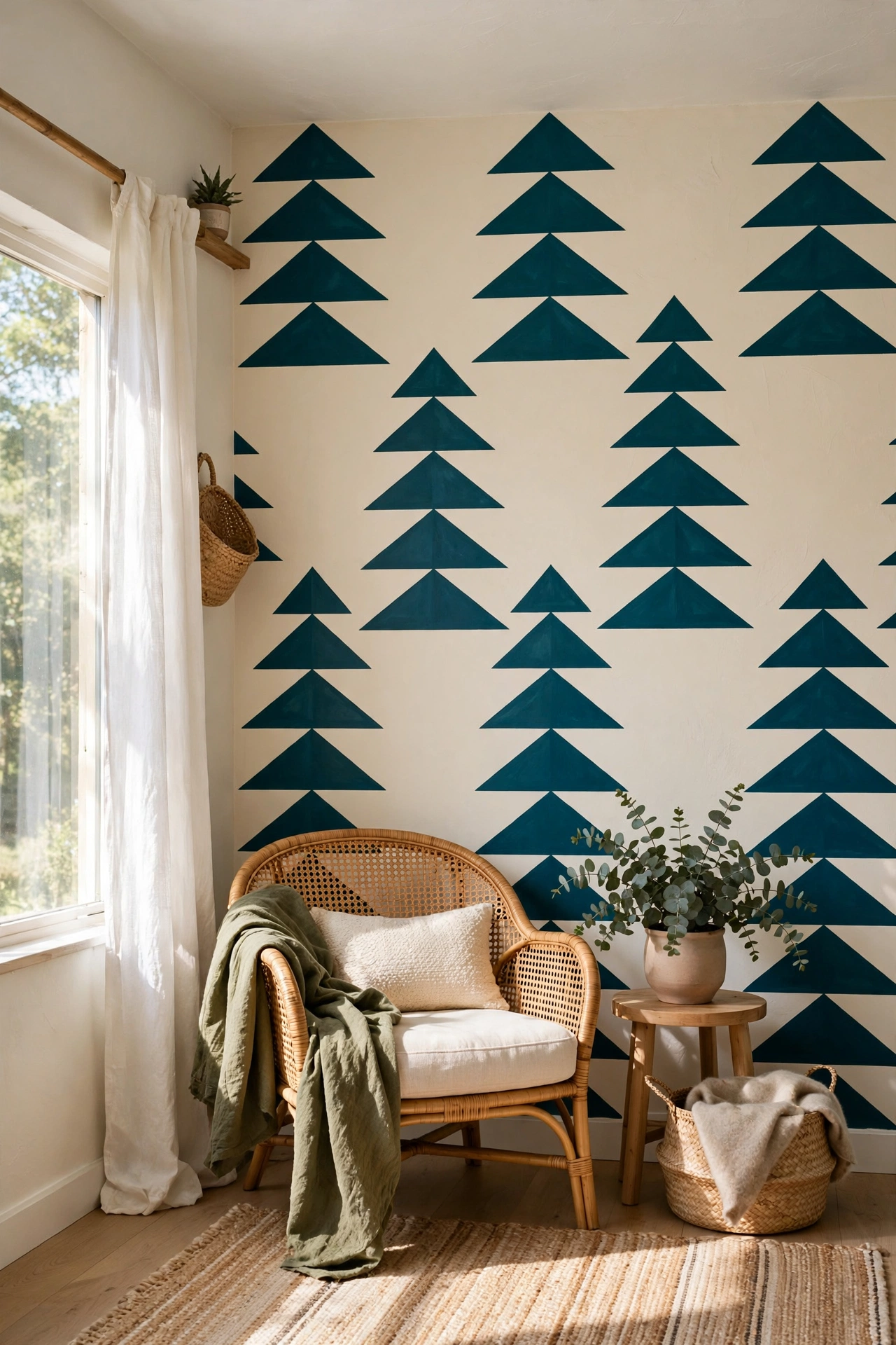 Living room wall with angular geometric pine tree silhouettes in teal