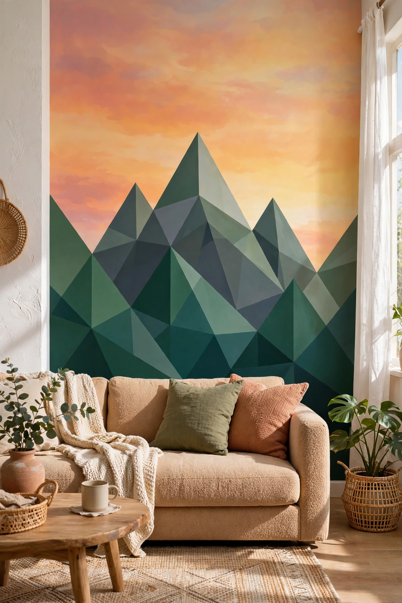 Living room wall with geometric mountain peak mural and sunset sky gradient