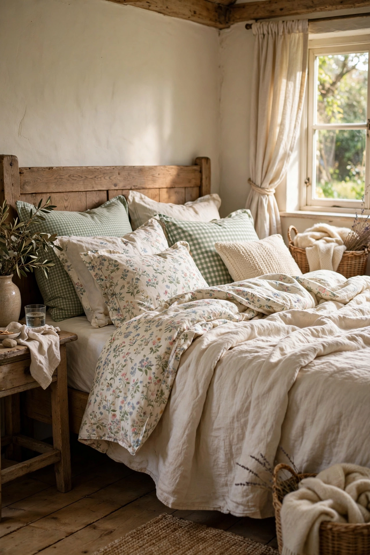 Bed with gingham check pillows mixed with floral bedding in cottage style
