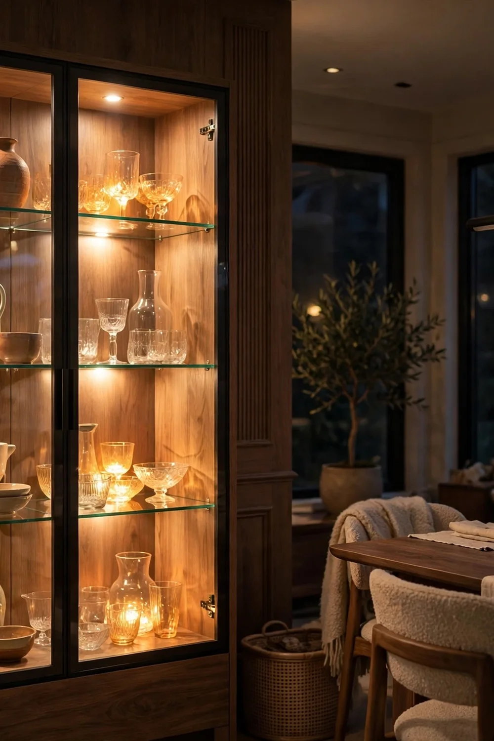 Dining room with a glass-front display cabinet lit by hidden warm puck lights inside