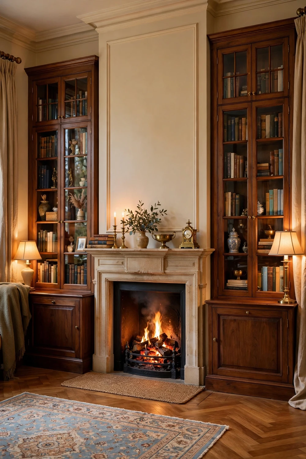 Built-in bookshelves with glass front cabinet doors around a fireplace