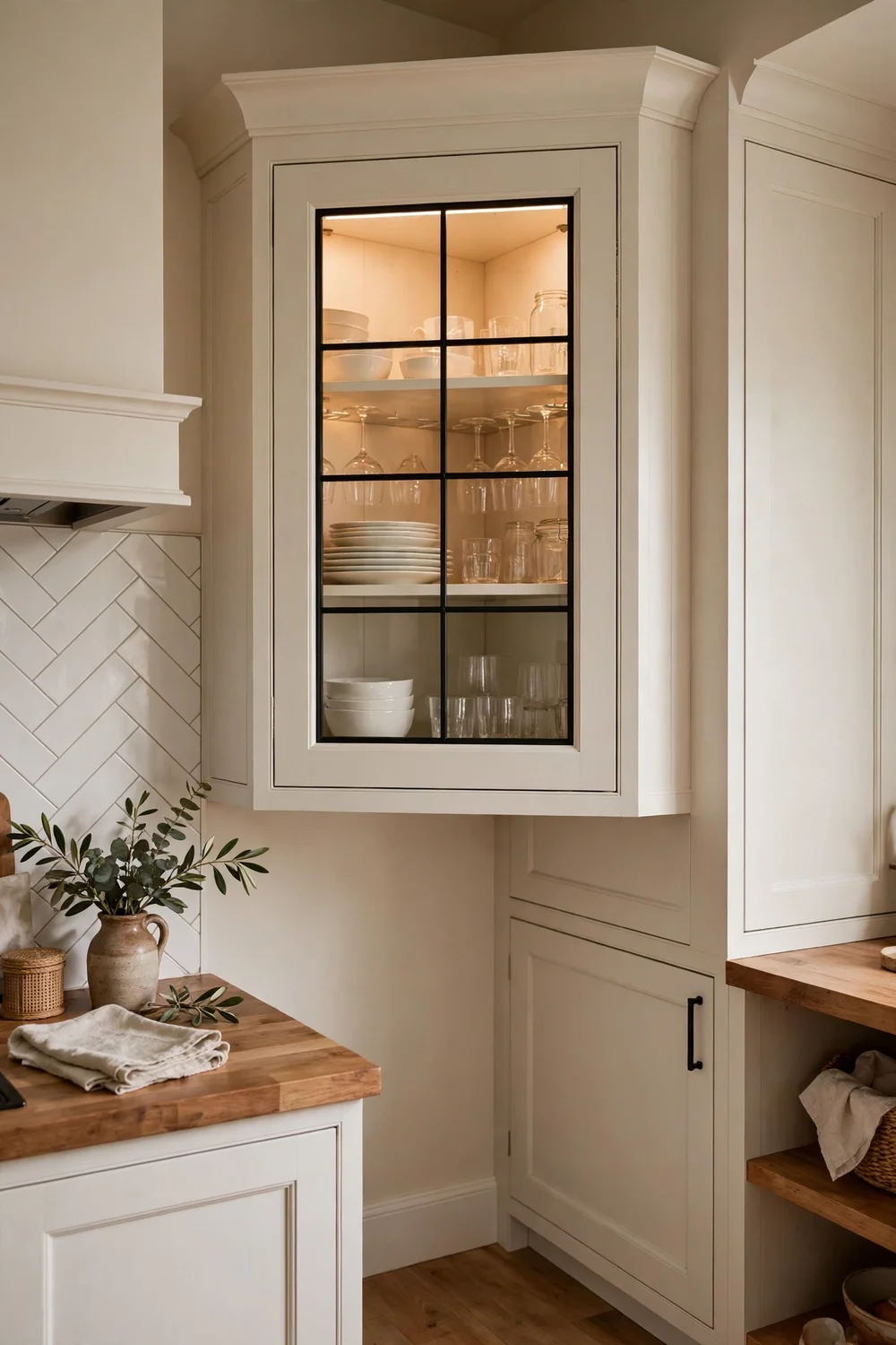 Kitchen diagonal corner upper cabinet with glass front displaying dishes