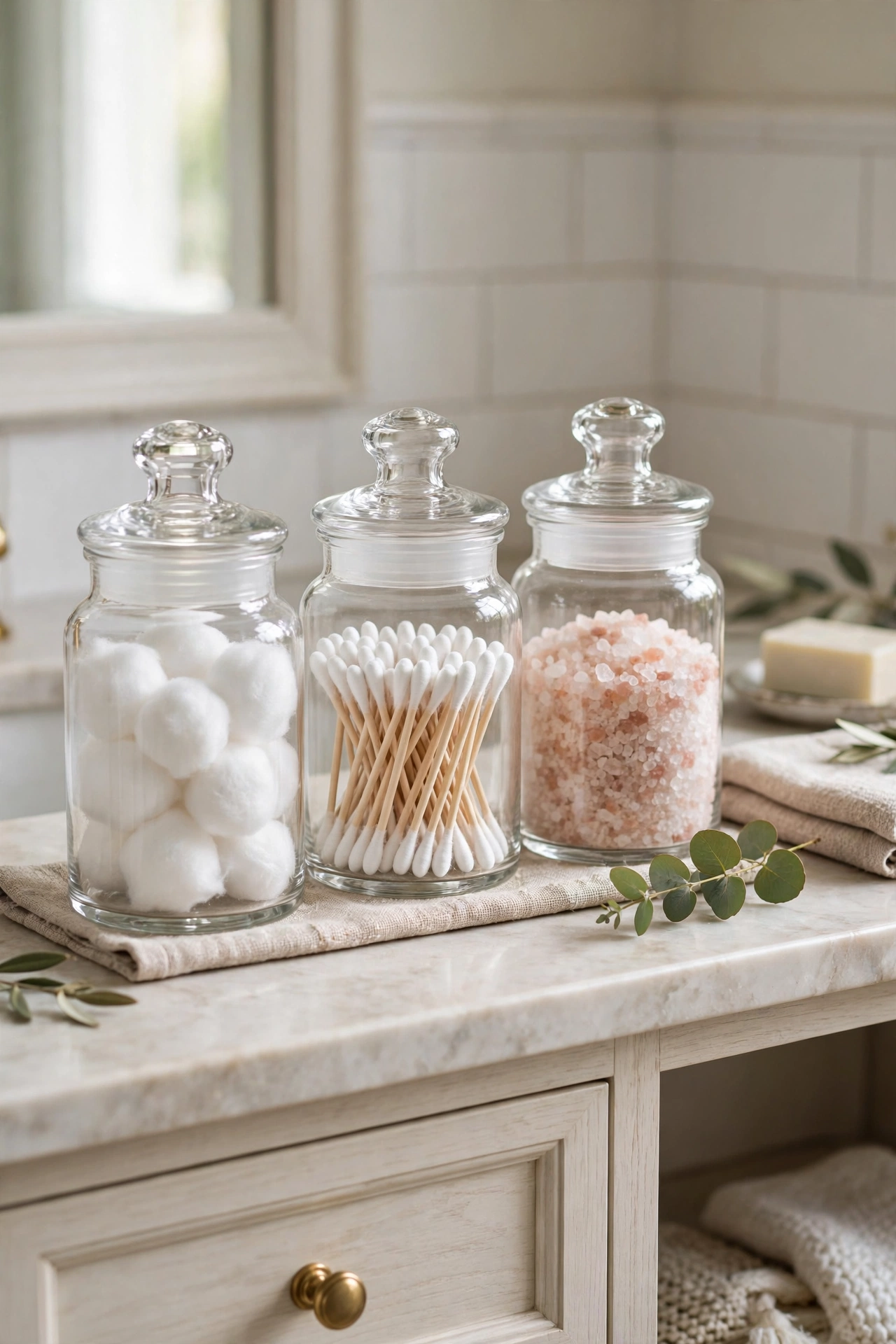 Small glass apothecary jars on a bathroom vanity holding cotton balls and cotton swabs