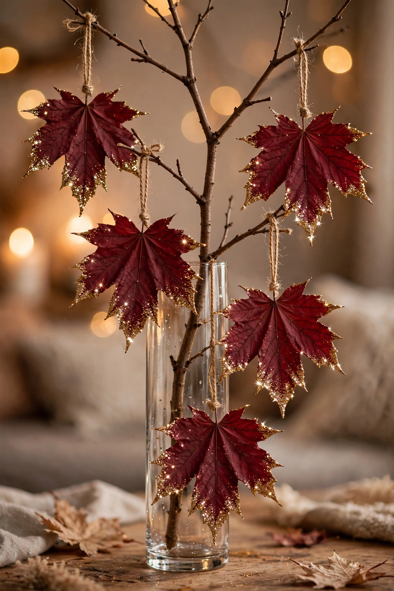 Fall leaves with gold glitter dipped tips hanging from twine on a bare branch
