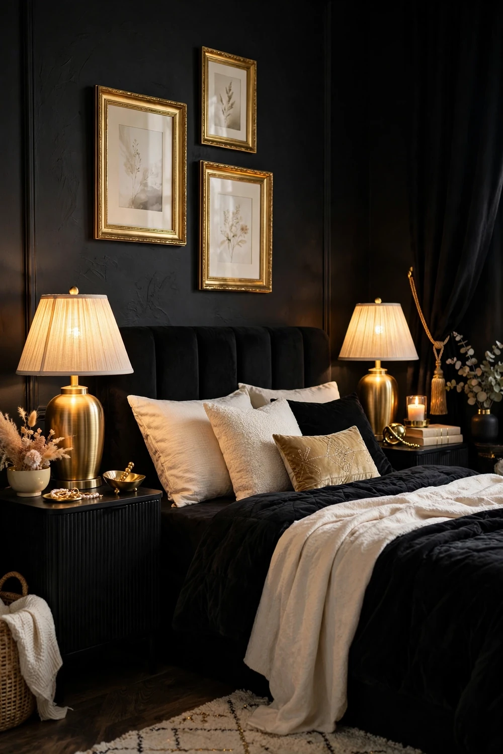 Black bedroom vignette with brushed brass lamps gold frames and metallic decor