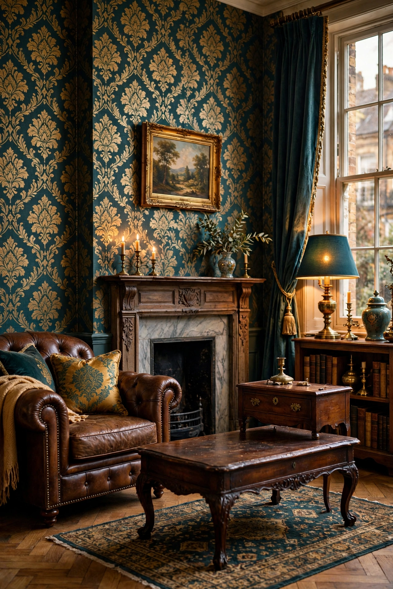 British sitting room with Graham and Brown deep teal and gold damask removable wallpaper
