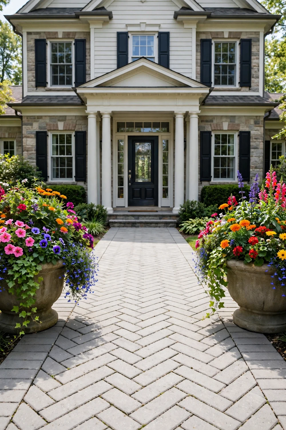 Wide grand concrete paver walkway leading to a front door flanked by large planters