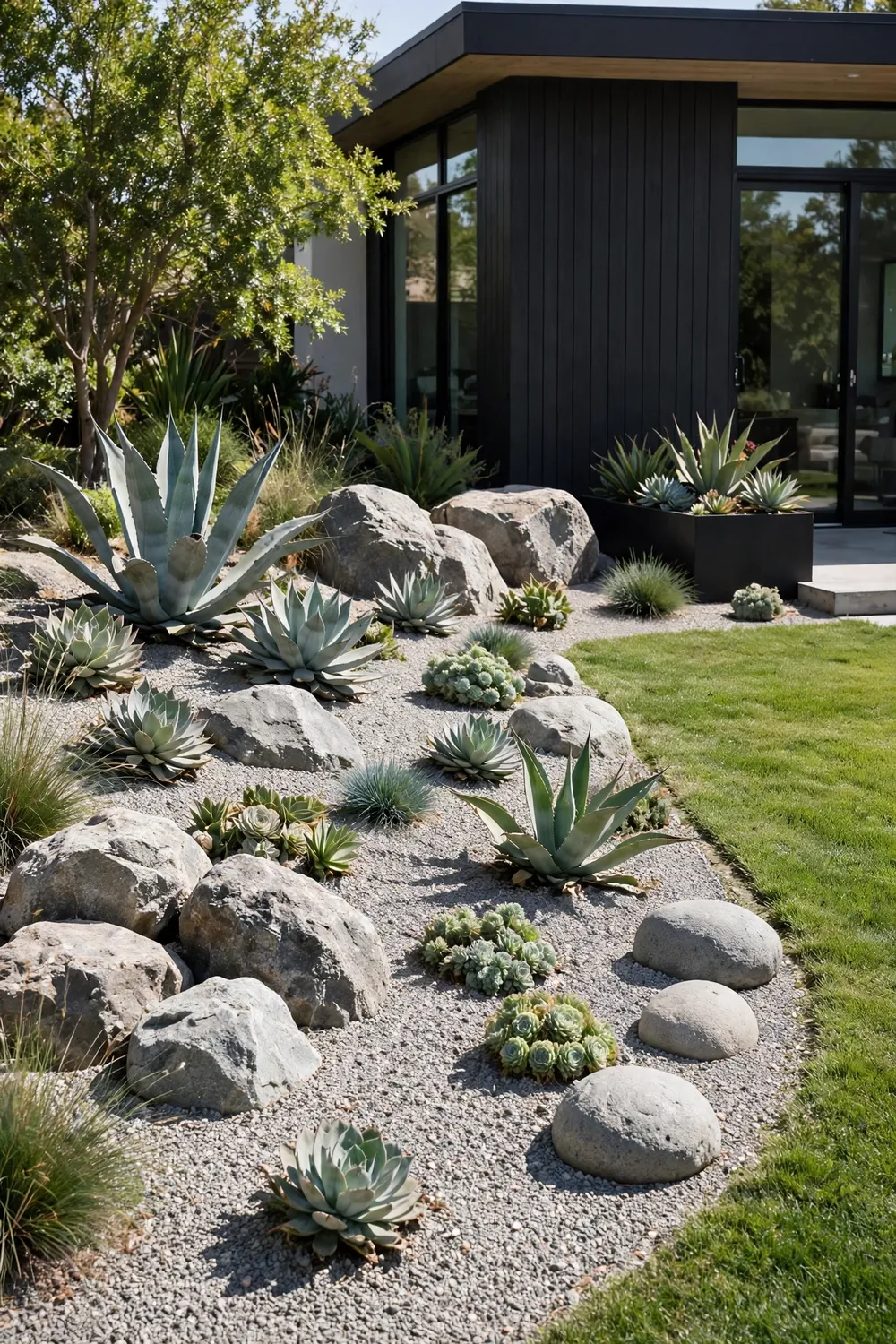 Drought-smart gravel garden with sculptural succulents and boulders beside a modern house lawn
