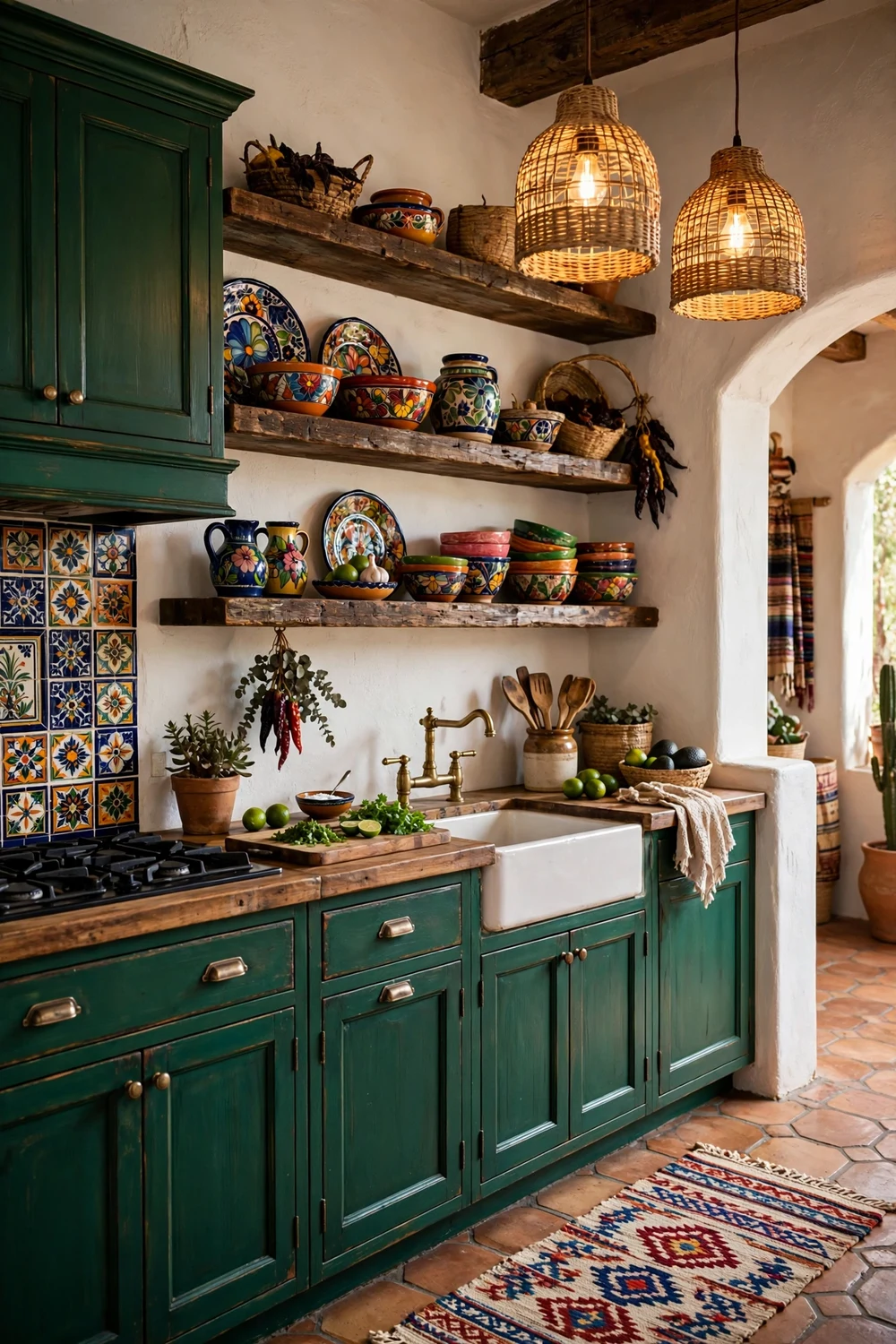 Deep green painted rustic kitchen cabinets with copper hardware