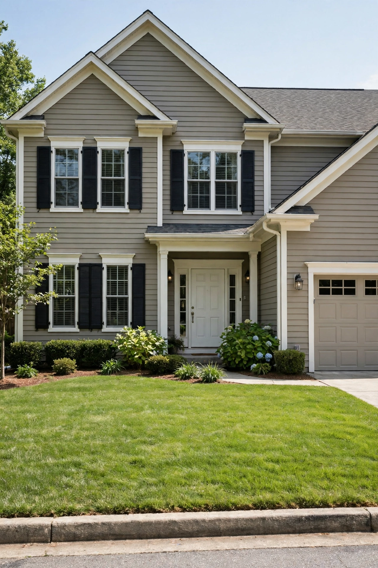 Greige suburban house with white trim and dark shutters, manicured lawn