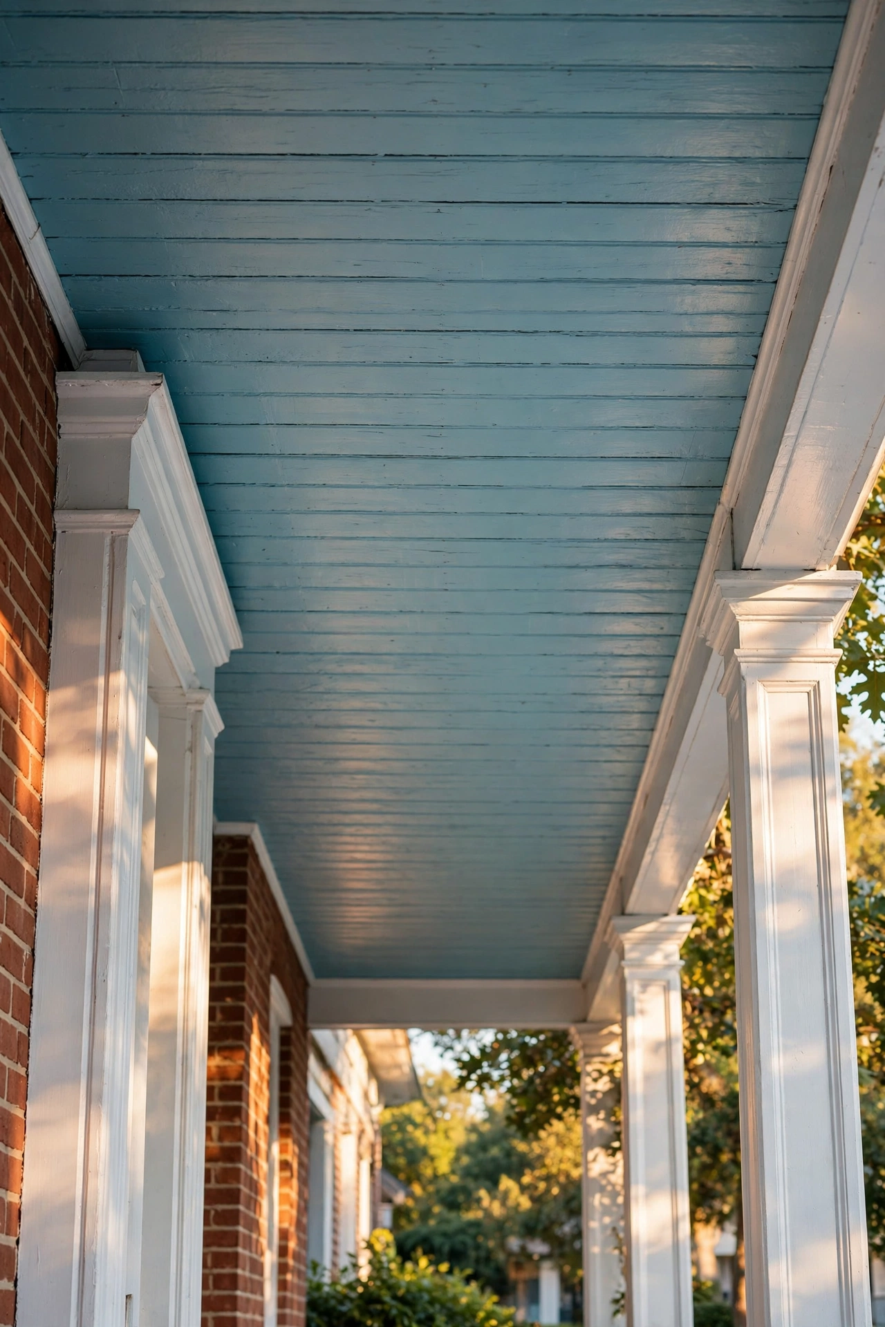 Haint blue painted wood plank ceiling on a Southern front porch with white columns