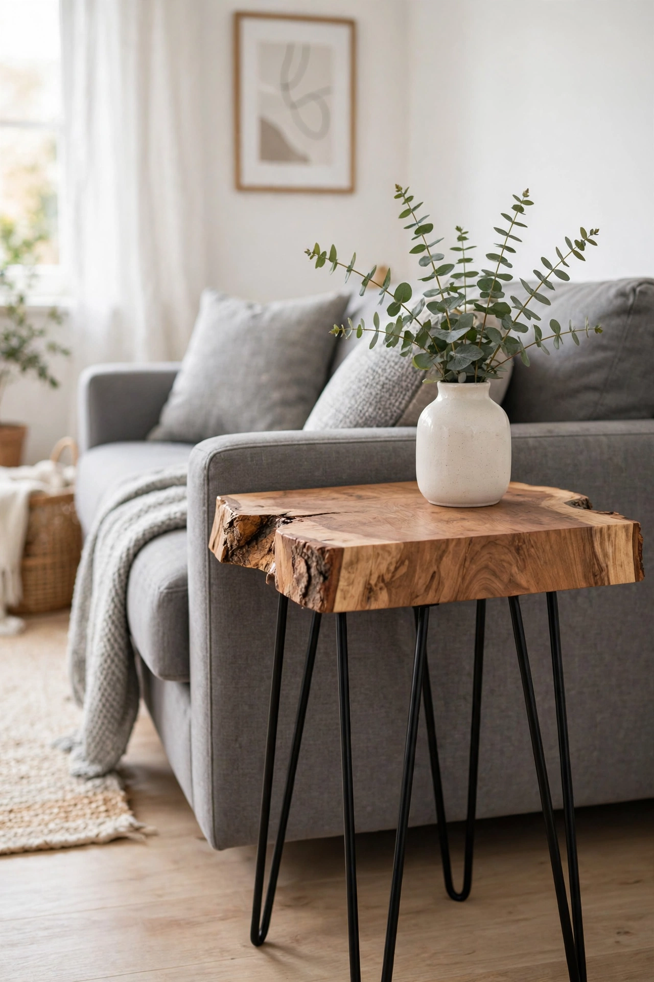 Wood slab side table on black hairpin legs beside a modern gray sofa