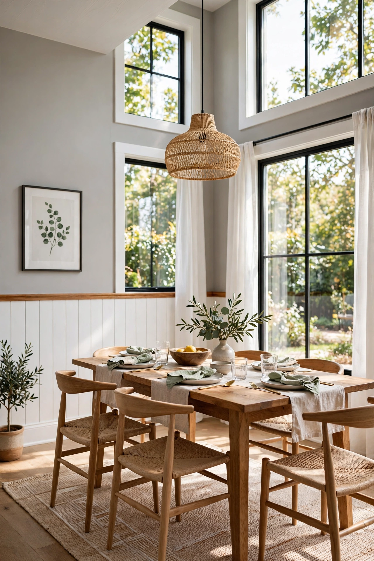 Dining room with half-height white shiplap wainscoting topped by a chair rail cap