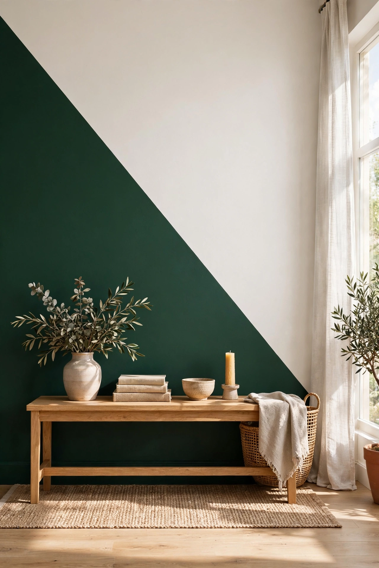 Living room wall split diagonally with forest green below and white above