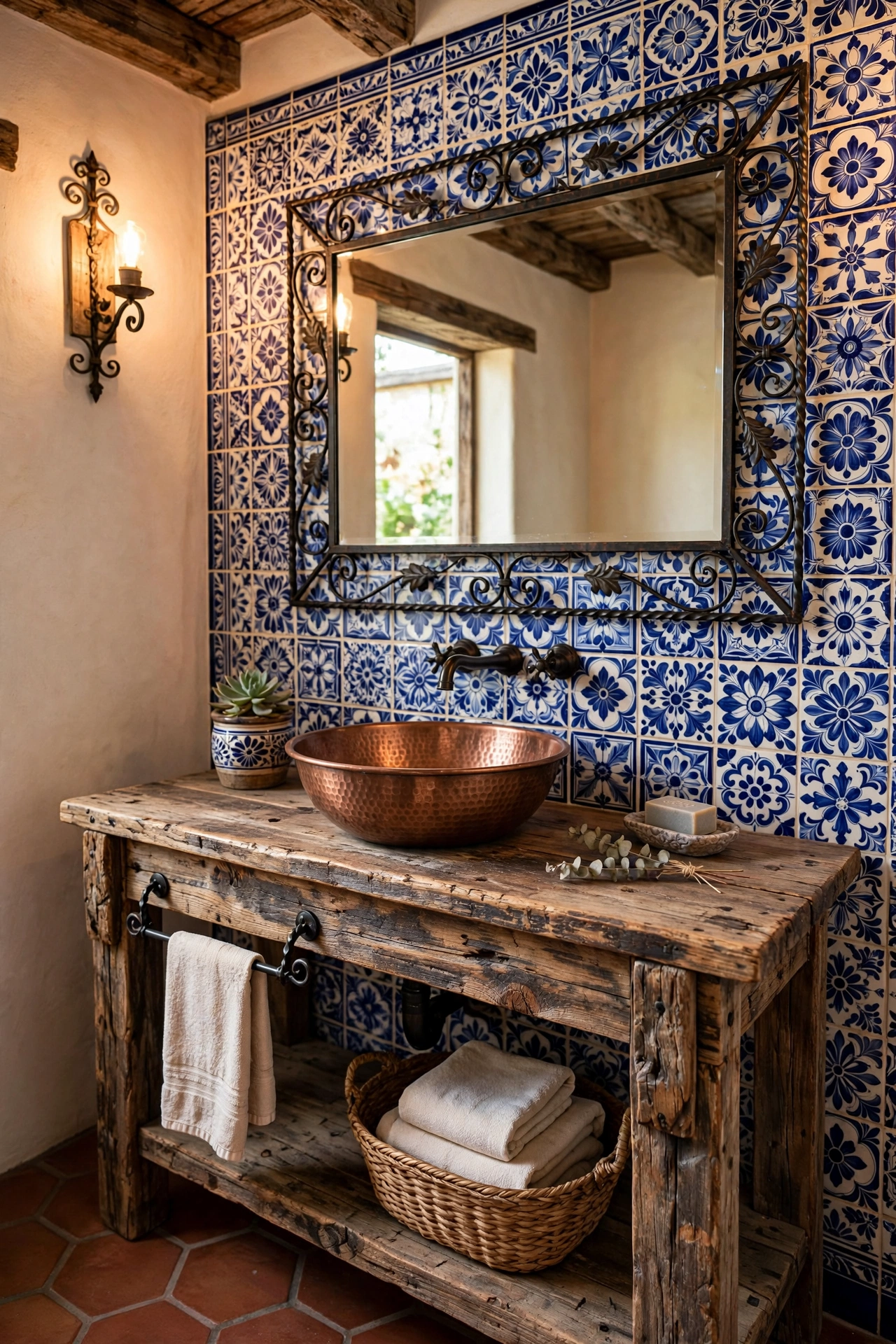 Rustic hacienda bathroom with hammered copper vessel sink and Talavera tile wall