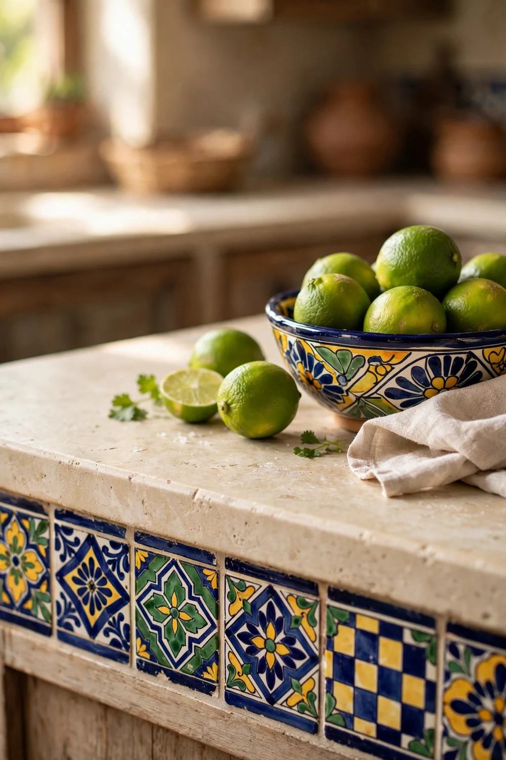 Hand-painted Mexican tile countertop with colorful patterns in a kitchen