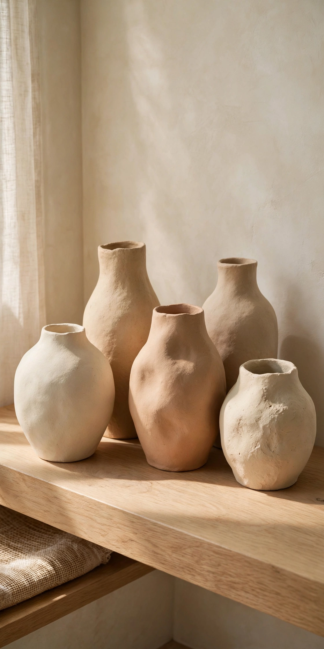 Cluster of handmade matte ceramic vases in neutral tones on a wooden shelf