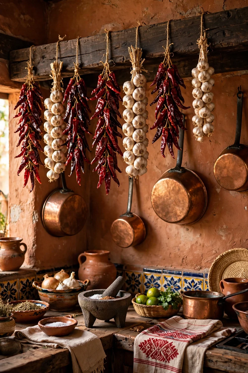 Strings of dried red chiles and garlic hanging in a rustic Mexican kitchen