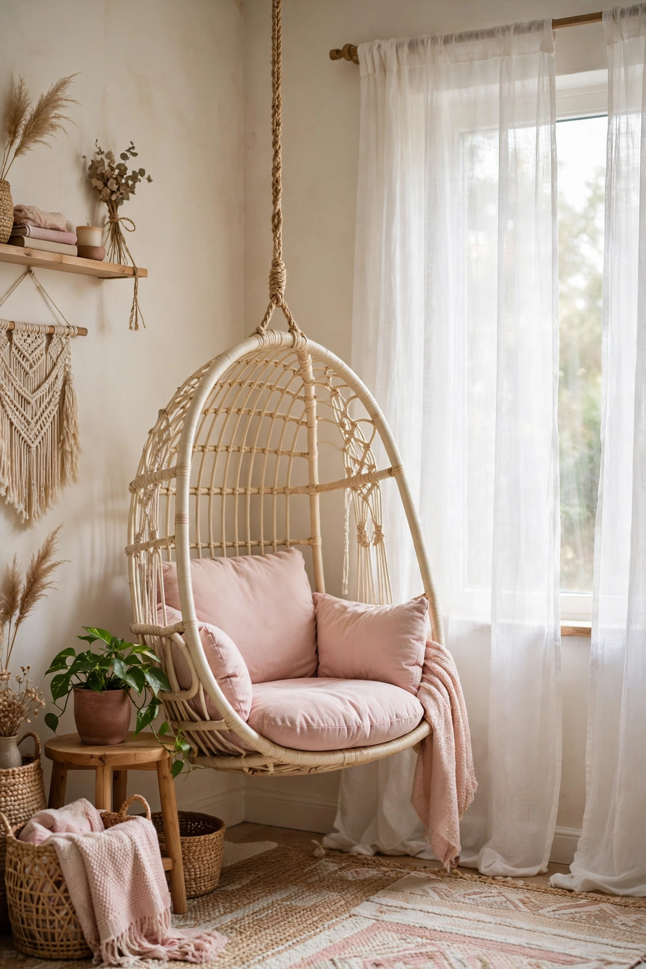 Cream hanging rattan egg chair with blush cushions in a teen bedroom corner by the window