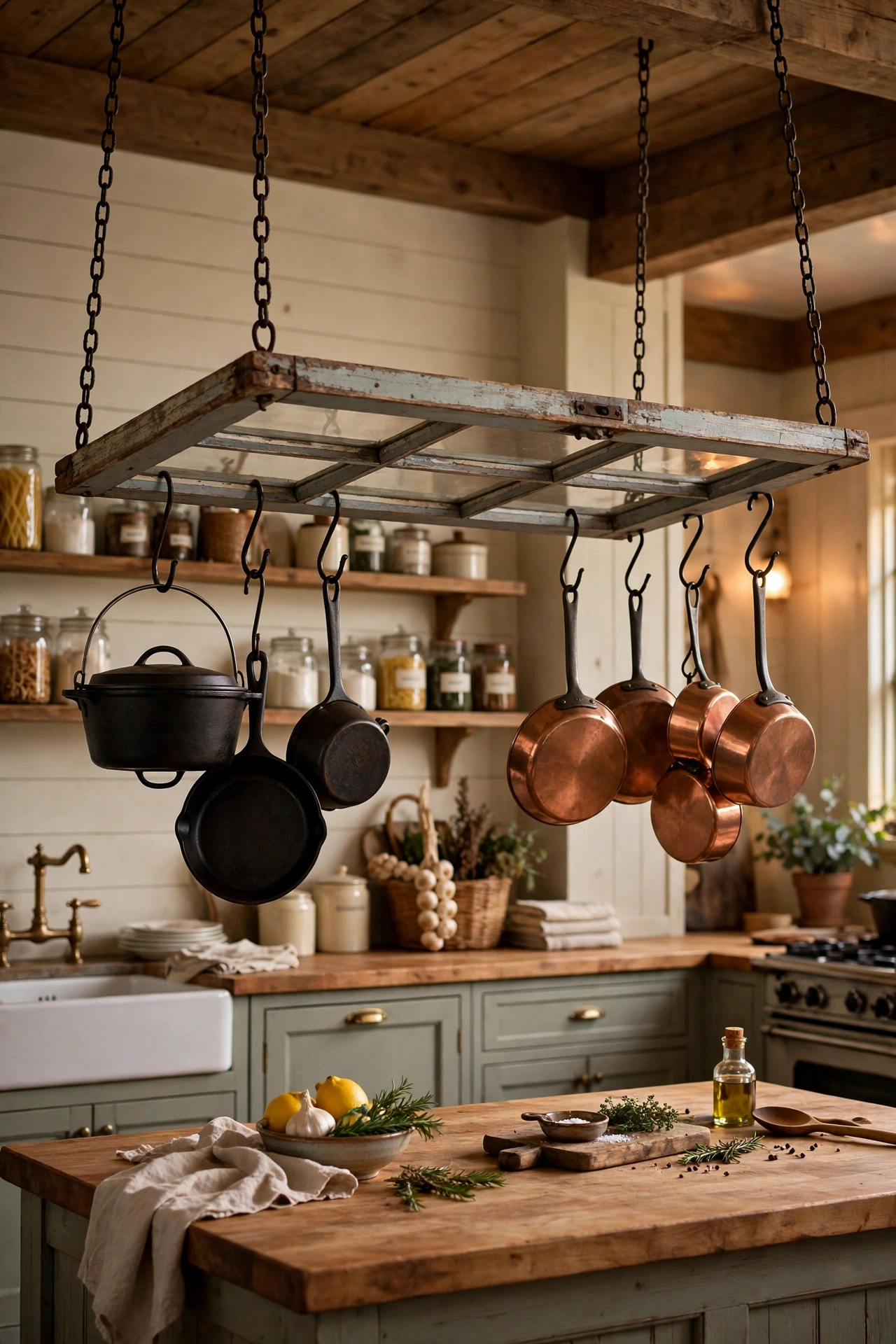 Old window frame suspended by chains above a kitchen island used as a pot rack