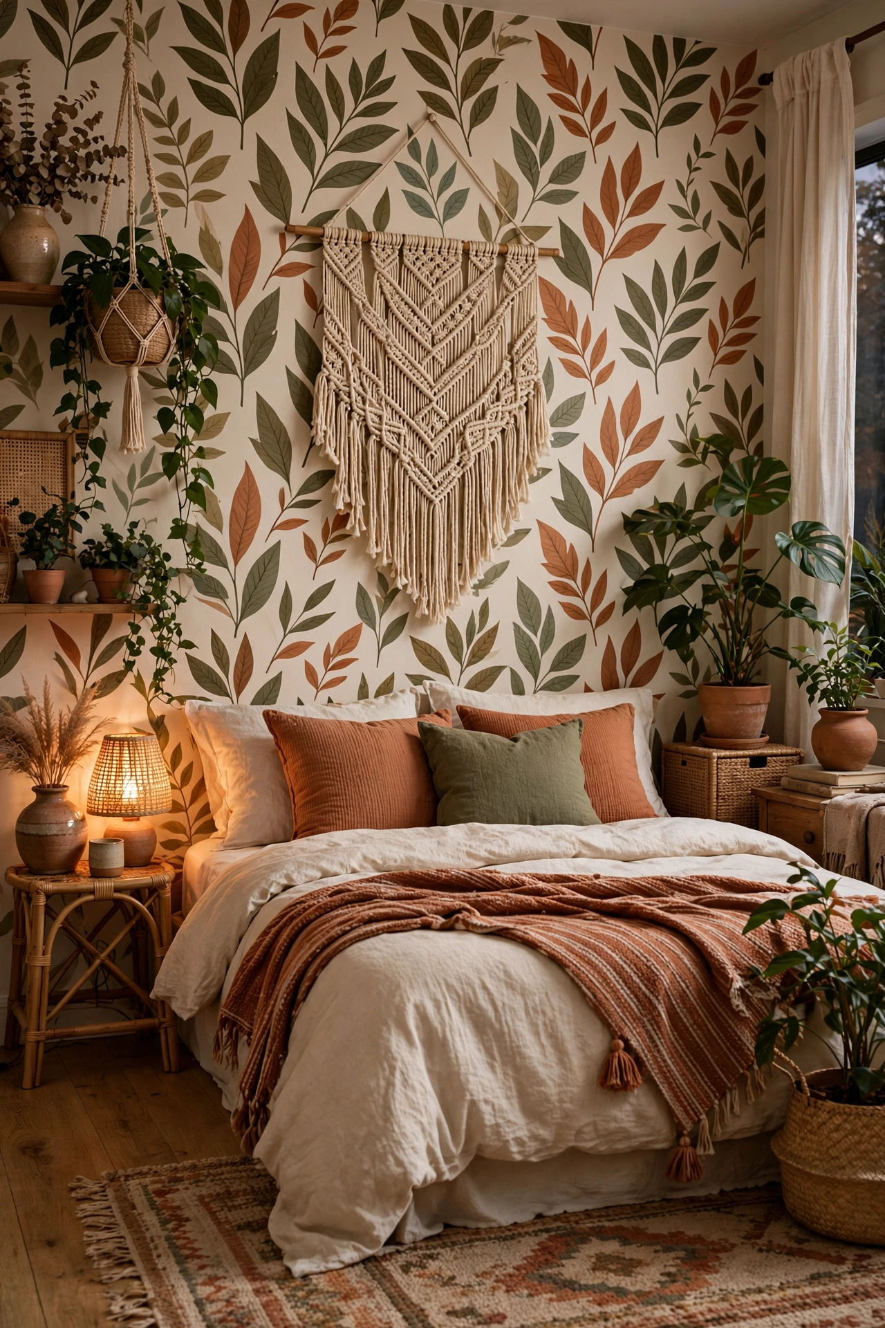Boho bedroom with HAOKHOME olive and terracotta botanical leaves affordable peel-and-stick wallpaper