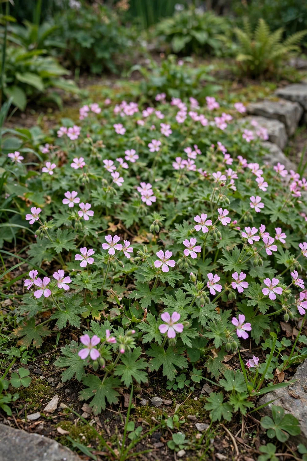 Hardy geranium with soft pink blooms spreading as ground cover in a flower bed
