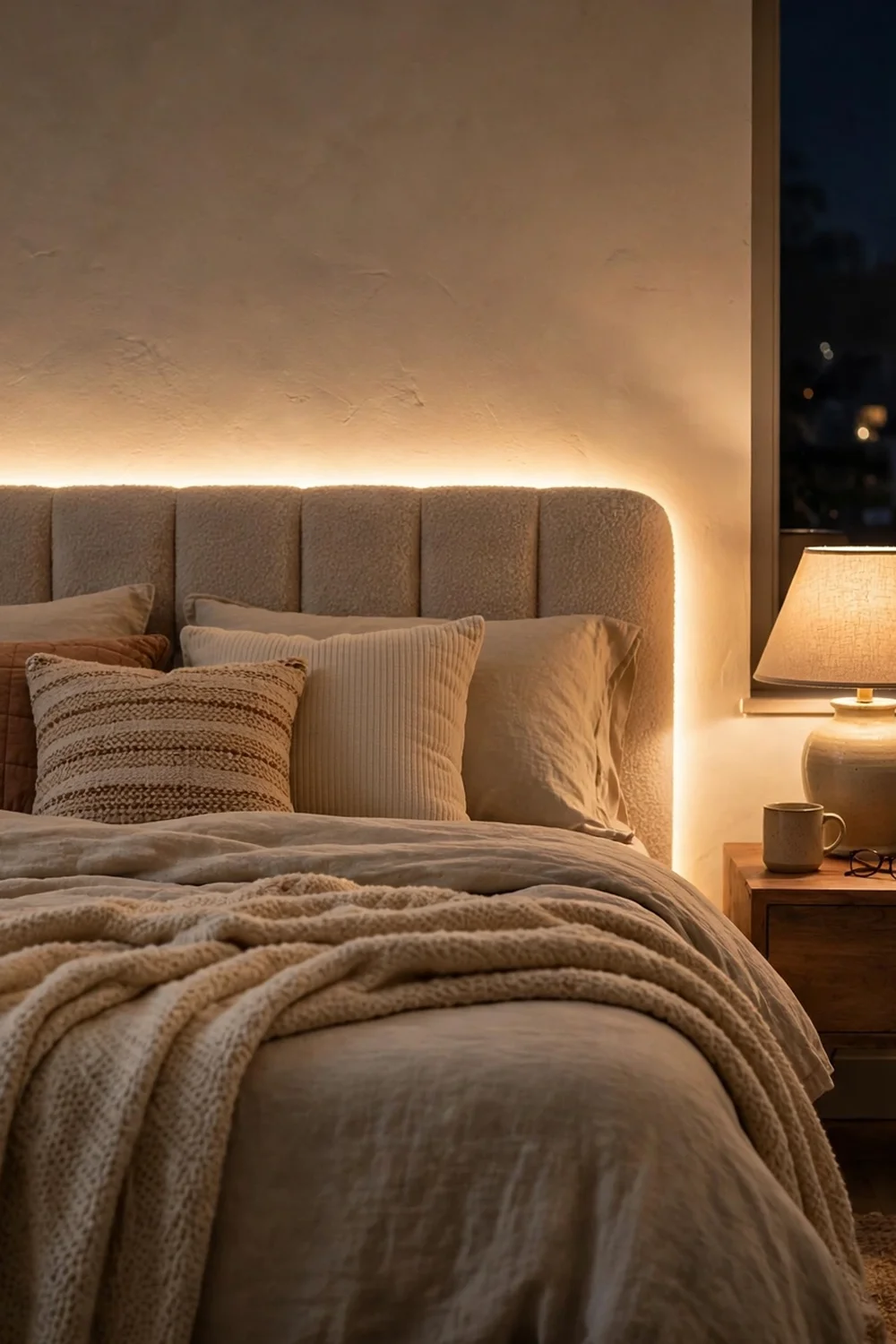 Bedroom at night with a warm LED strip hidden behind an upholstered headboard creating a halo glow
