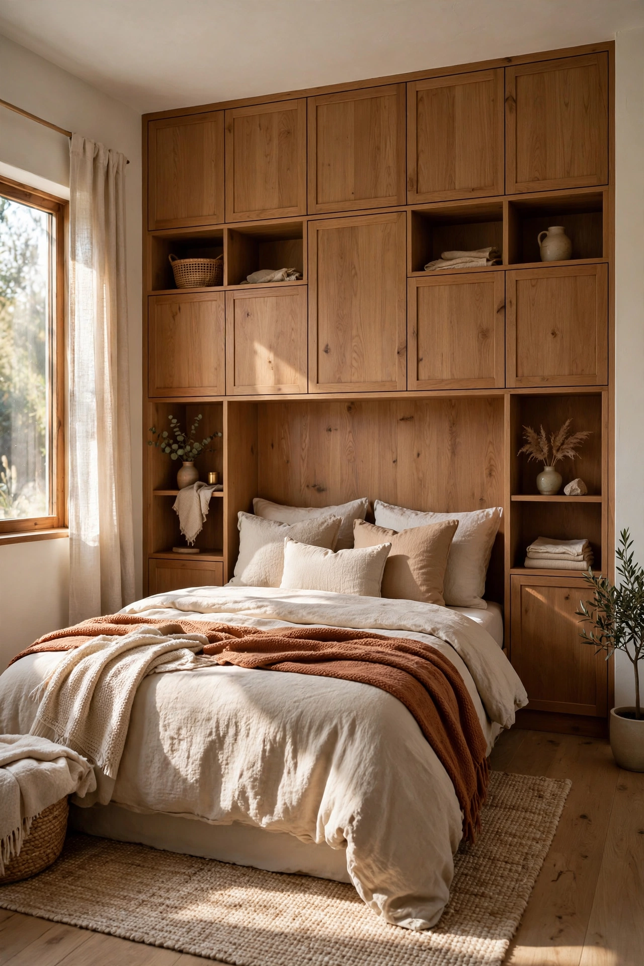 Bedroom with a full storage wall behind the bed acting as headboard with side niches