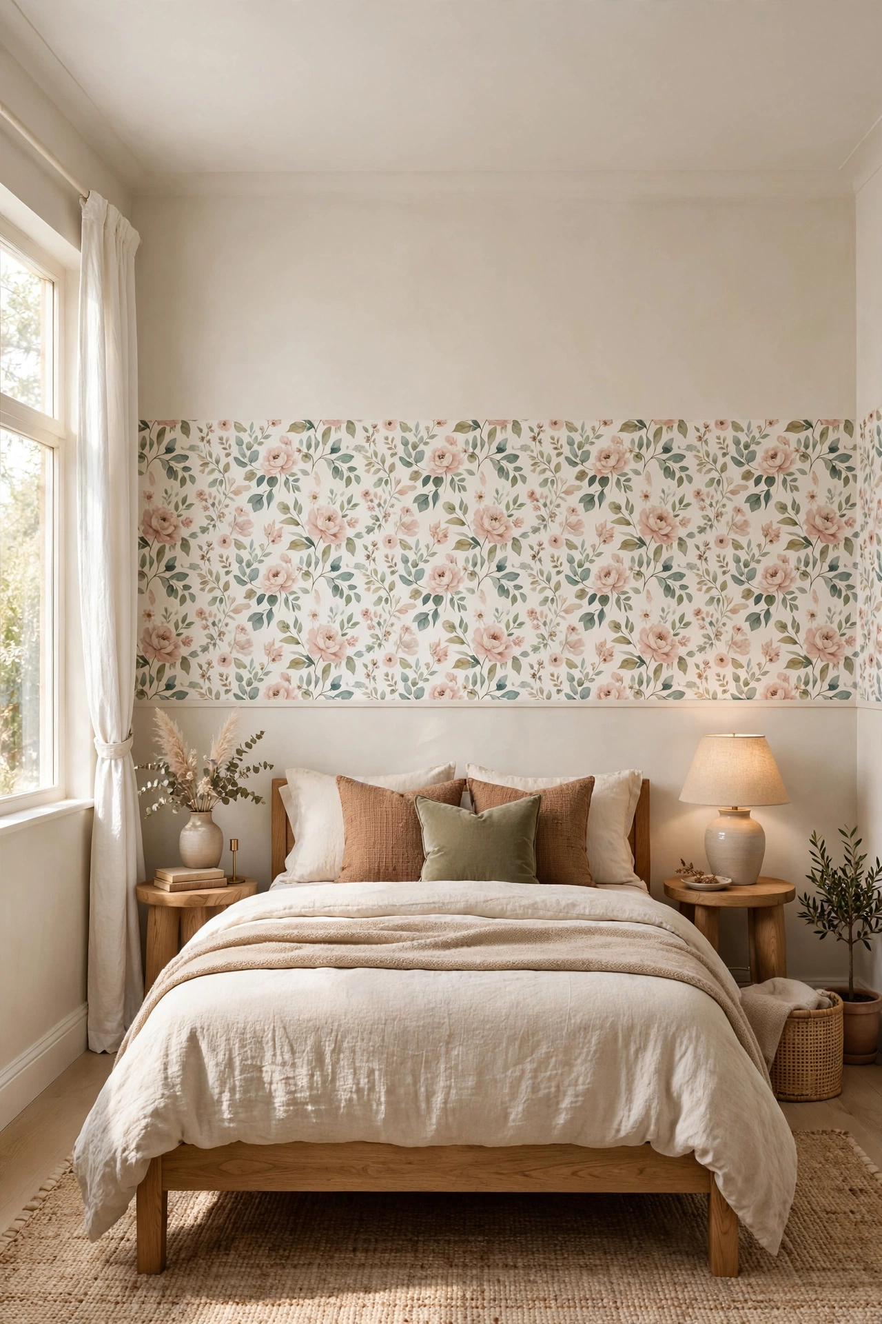 Bedroom with floral wallpaper in a wide band behind the bed at headboard height